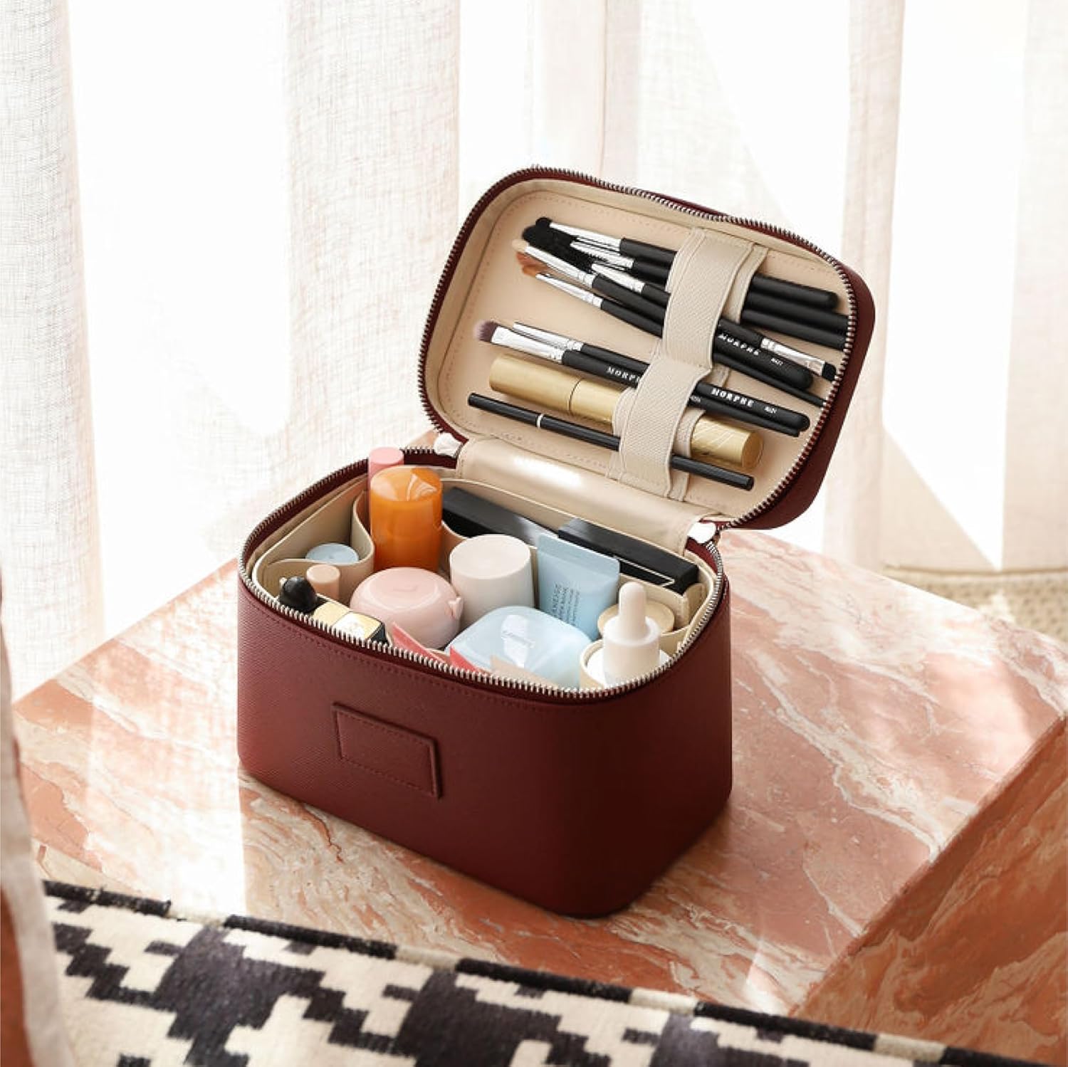 ETOILE - Mini Vanity Case Burgundy - Stylish Travel Makeup Bag Organizer With Removable Dividers