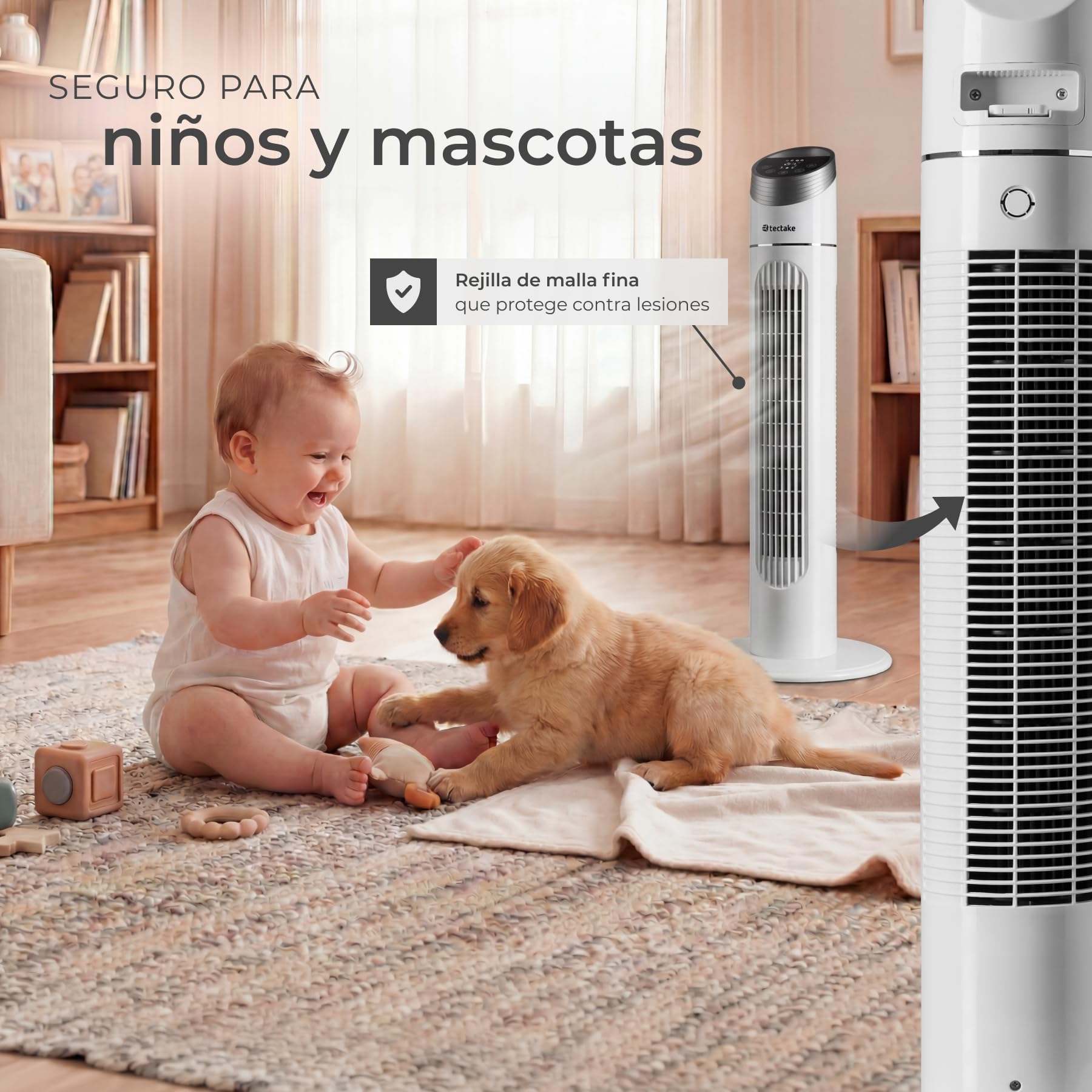 tectake® Ventilador de Torre Silencioso, 90 cm, con Panel de Control LED, Tres Velocidades y Modos, Rotación y Temporizador, Ventilador de Pie con Mando - Blanco