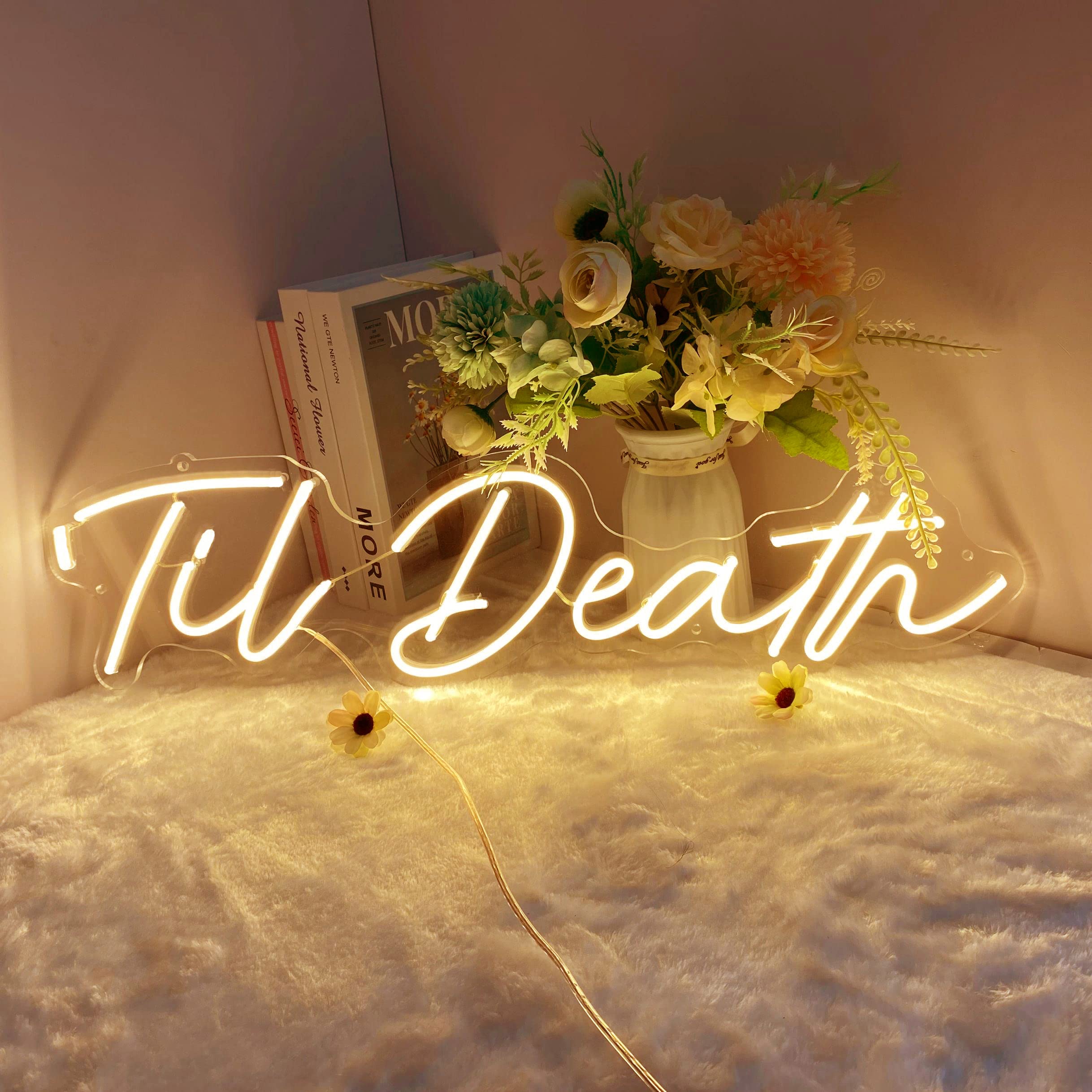 Large LED Neon Light Sign 'Til Death 24"X5.9" 12V Wedding Bridal Shower Neon Birthday Party Art Wall Decor Signs Bar Bedroom Living Room Decor Sign Love Gift (With Adapter) Warm White