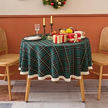 Round Christmas Tablecloth 47 inch Green Plaid Christmas Table Cloth with Fringe Winter Tablecloth for Holiday Party Dining