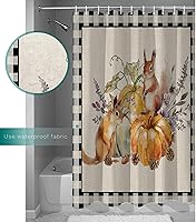Vista 5 de Cortina de ducha a cuadros de búfalo negro calabaza para baño, cortinas de baño con girasoles y ardillas con ganchos, tela de poliéster impermeable