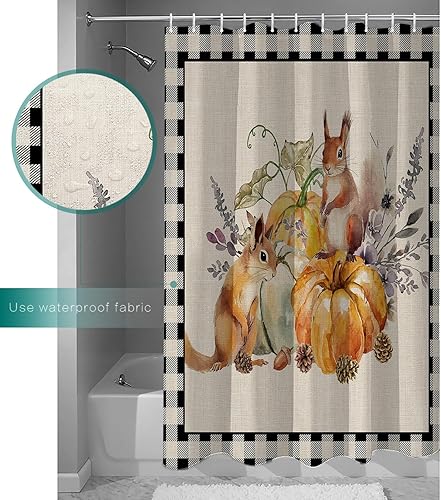 Miniatura 5 de Cortina de ducha a cuadros de búfalo negro calabaza para baño, cortinas de baño con girasoles y ardillas con ganchos, tela de poliéster impermeable,