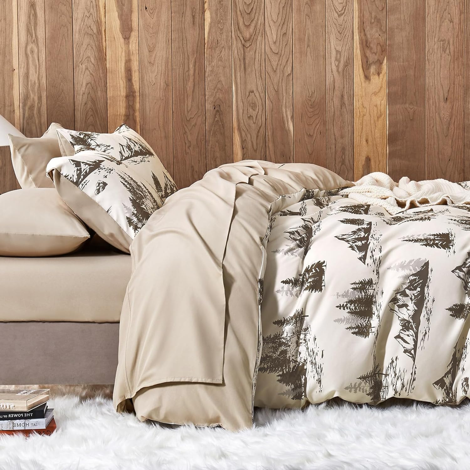 Wake In Cloud - Rustic Duvet Cover Set, Cabin Lodge Cottage Country Charm with Mountain and Natural Forest Theme, Soft Lightweight Bedding, 3-Piece, Beige Brown, Queen Size - Image 3