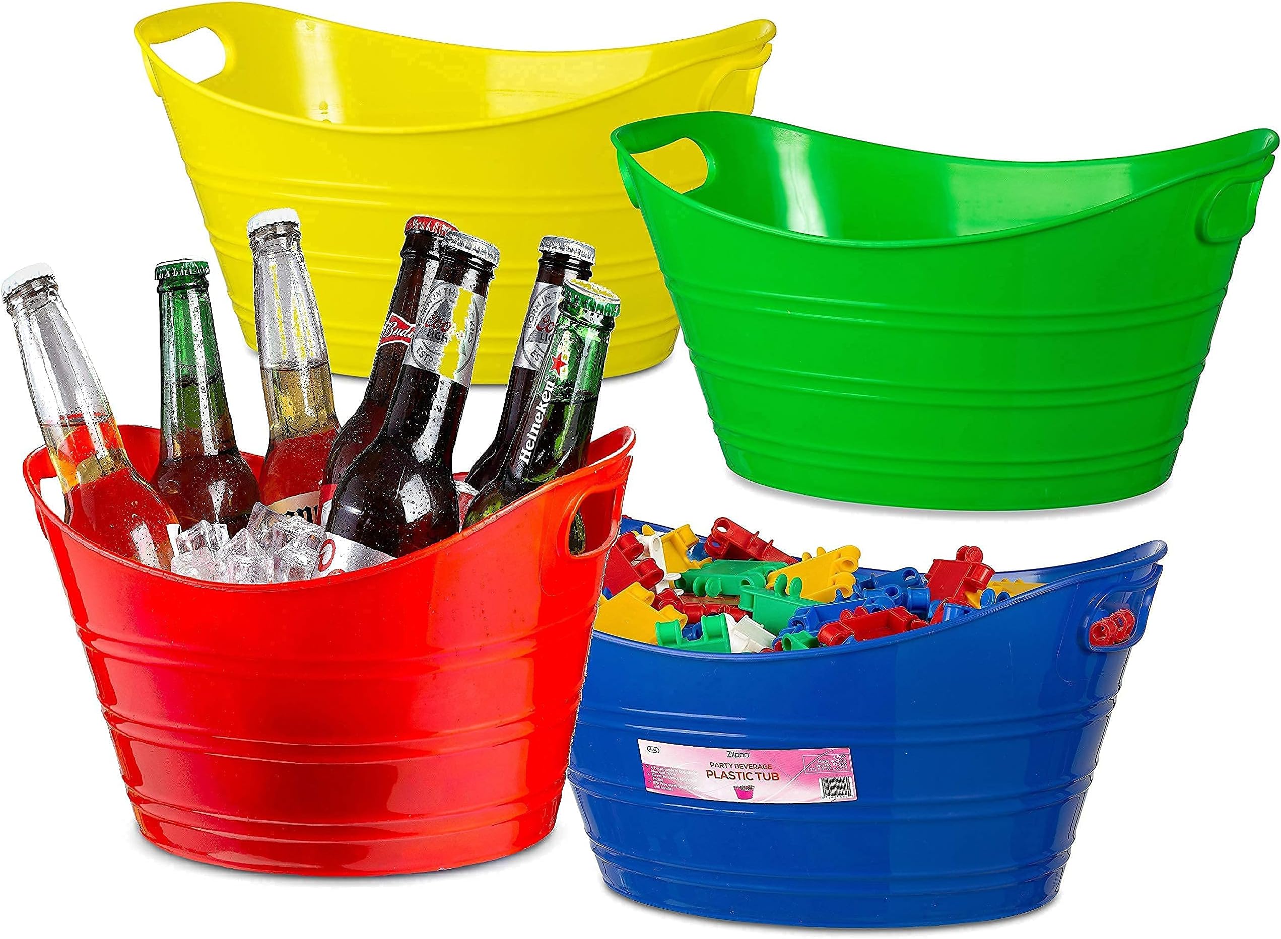 4 Pack - Oval Storage Tub with Handles, Colorful Halloween Candy Bowl Holder, Classroom Organization Bins, Plastic Ice Bucket, Tubs, Baskets, 4.5L