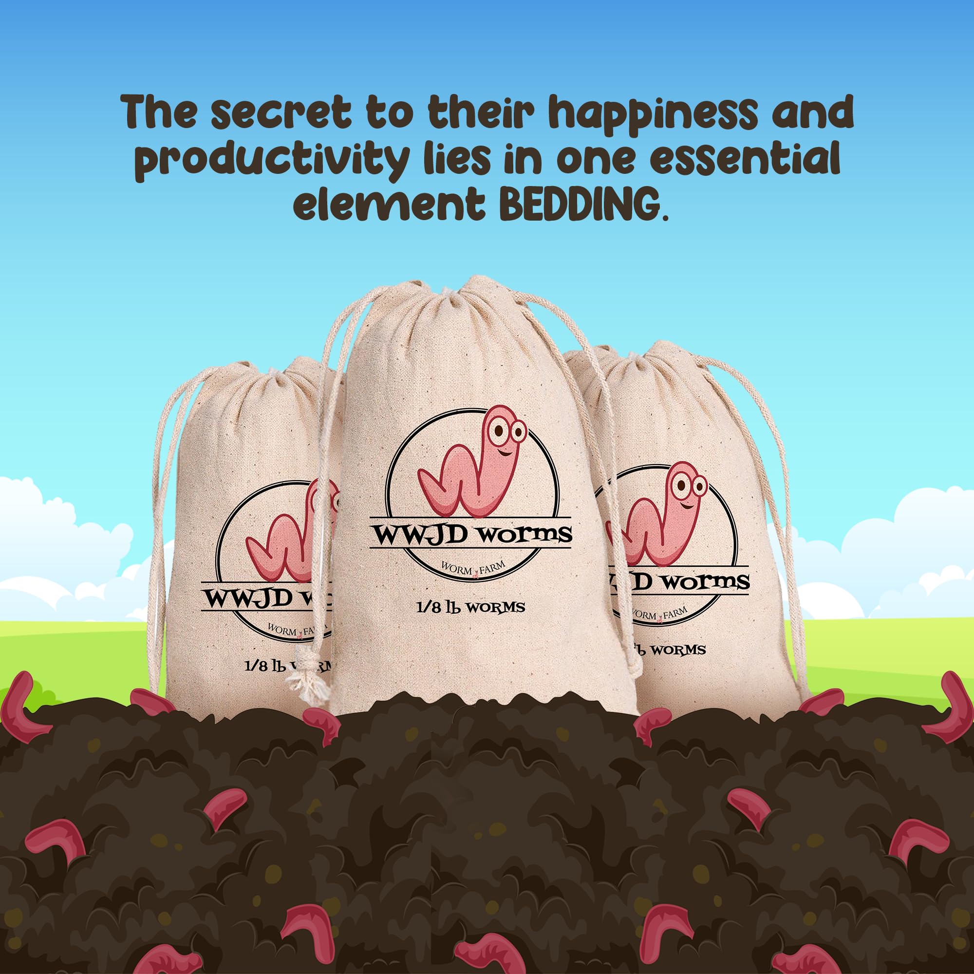 WWJD Worms Red Wigglers Composting Worms - 1/8lb Red Worms for Composting Bin, for Plants or Gardening, Compost Worm for Soil Fertility & Worm Farm, Easy to Manage