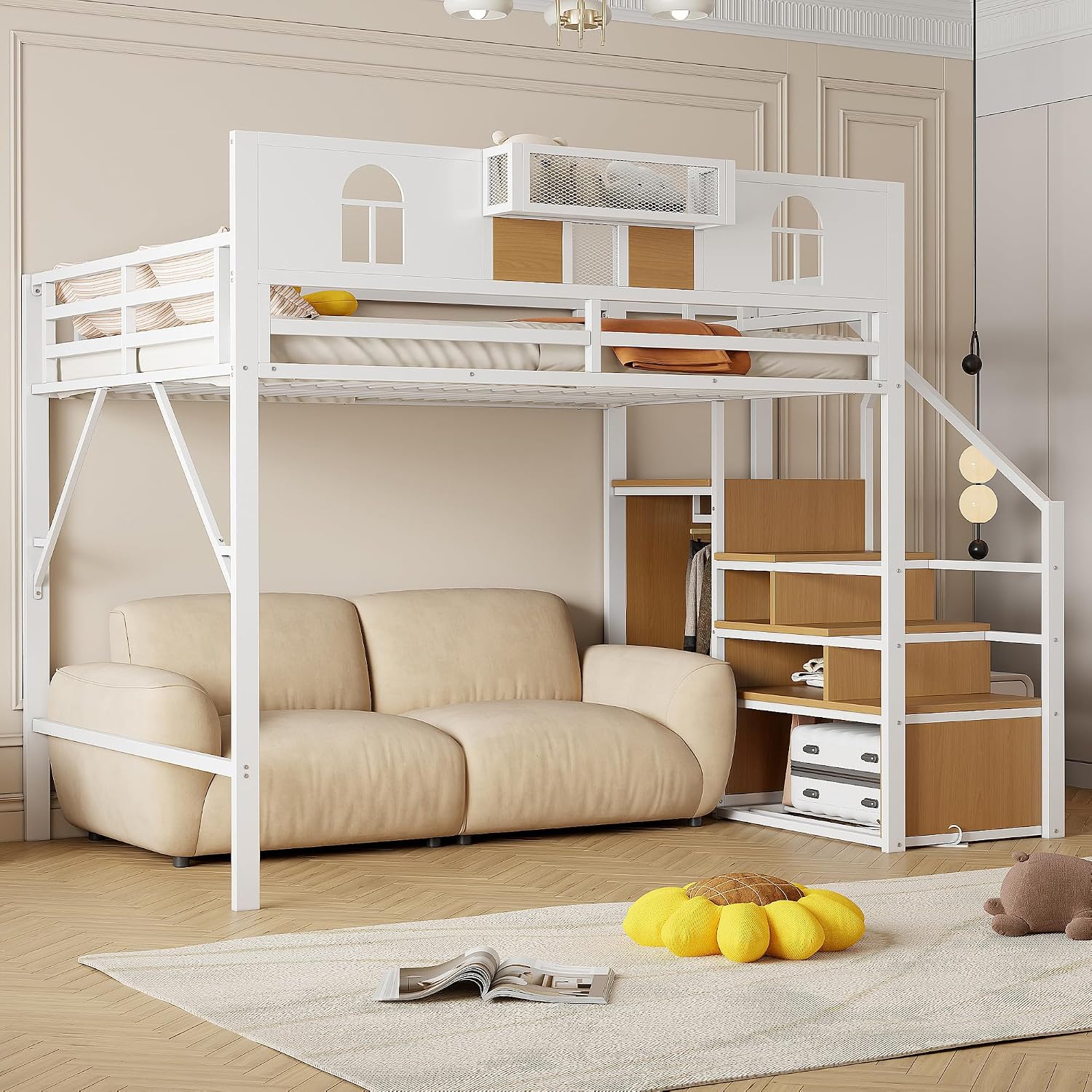 Dolaman  Bunk Bed 140 x 200 cm Metal Bed Frame with Stairs Safety and Cupboard Height 187 cm Bed with Removable Net Shelves and Fall Protection for Teenagers Adults White B