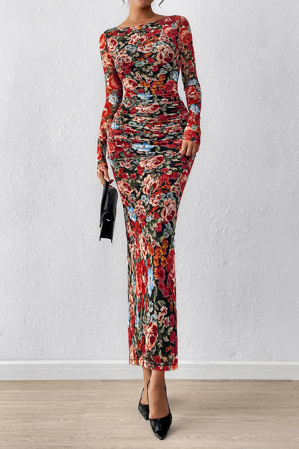 PRETTYGARDEN Women's Long Sleeve Bodycon Dresses 2026 Spring Sexy Floral Mesh Slit Ruched Tight Maxi Wedding Guest Dress - Image 7