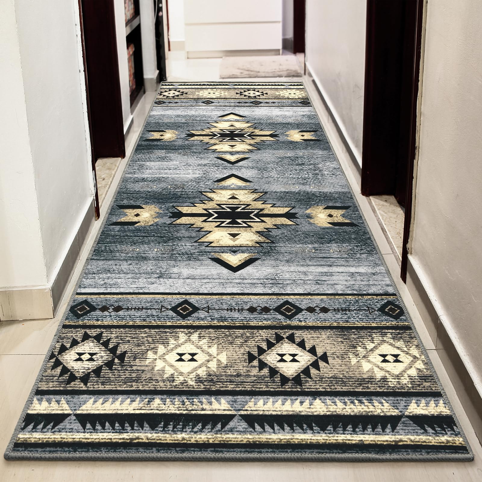 B BENRON Western Hallway Runner Rug 2 x 6, Non-Slip Long Runners for Bedroom Kitchen Hall Laundry, Accent and Tribal Throw Rugs Washable, Grey
