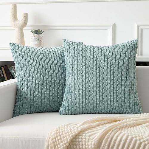 Vista 42 de Kevin Textile - Juego de 2 fundas decorativas para cojines, de pana y con moderno estilo campestre bohemio a rayas para decorar hogar, sofá, cama