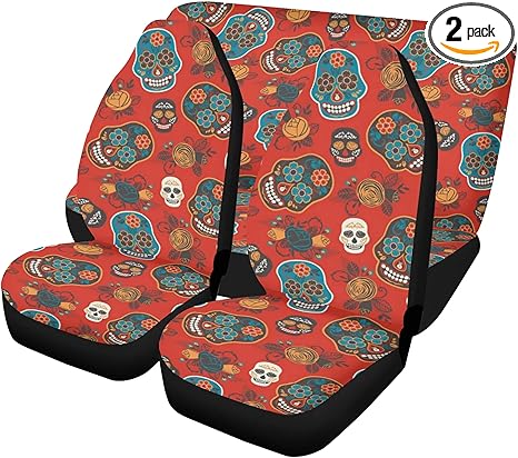 Mexican Calaveras Sugar Skull Car Seat Covers and Floor Mats – Day of The Dead Interior Accessories for Festive Vehicle Upholstery and Floor Decoration (2pcs Front mats)