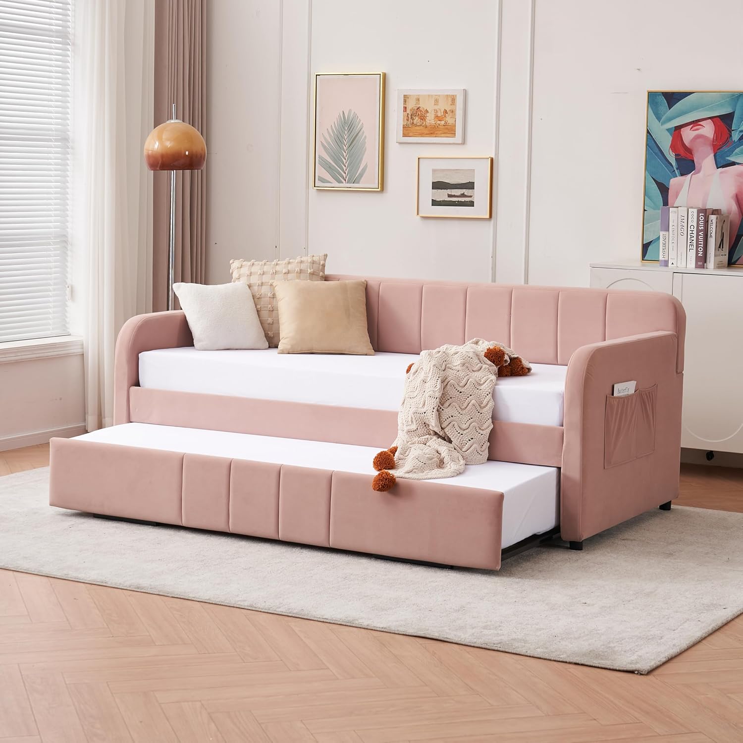 Cozy Velvet Upholstered Daybed with Pop-up Trundle Bed and USB Ports, Twin Size Space-Saving Sofabed Frame with Side Storage Pocket for Bedroom Guest/Living Room, No Box Spring Needed & Easy Assemble