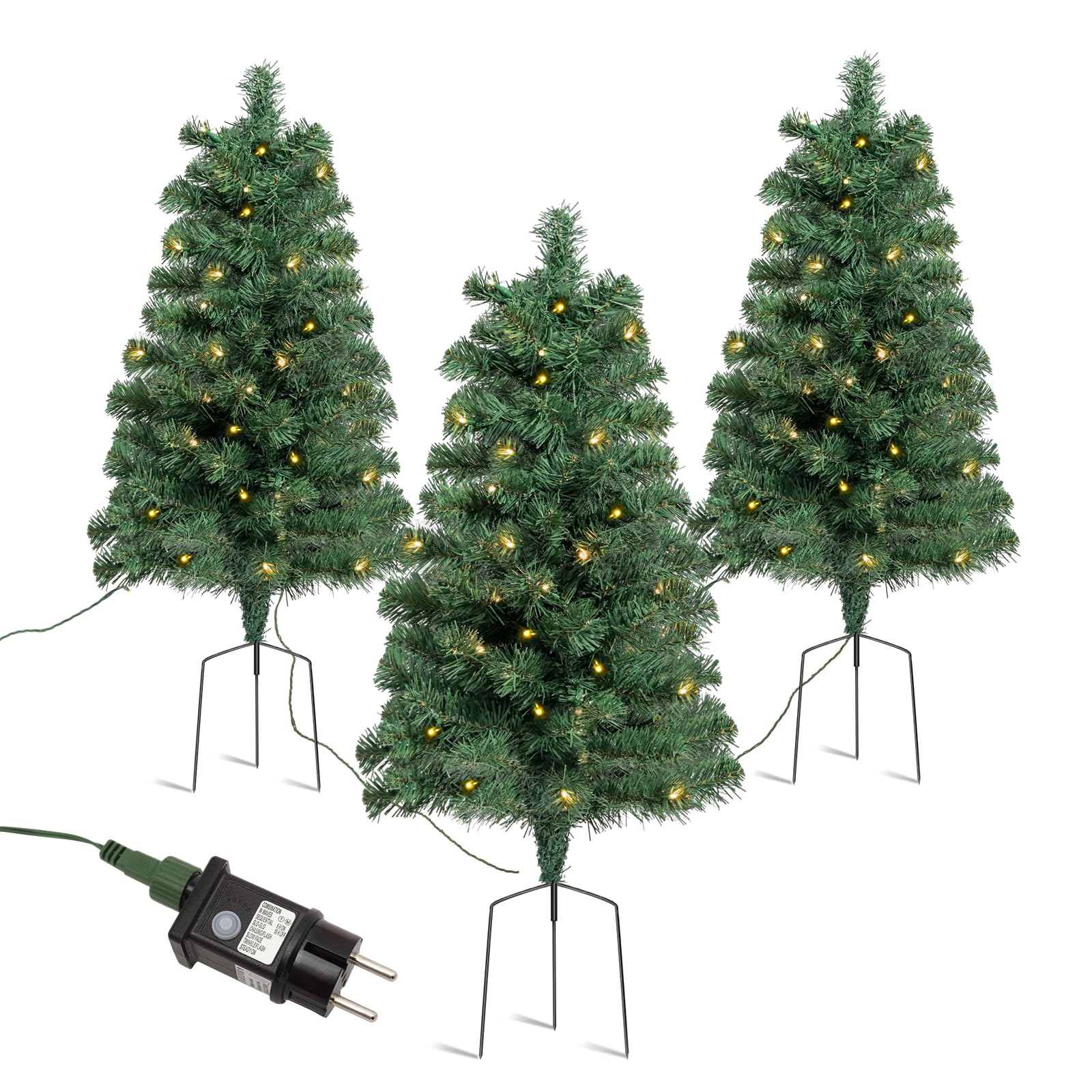 SALCAR 3er-Set Künstlicher Weihnachtsbaum 60 cm mit Beleuchtung – PVC Tannenzweige mit Erdspieß, ideal für Außenbereich und Gartendeko