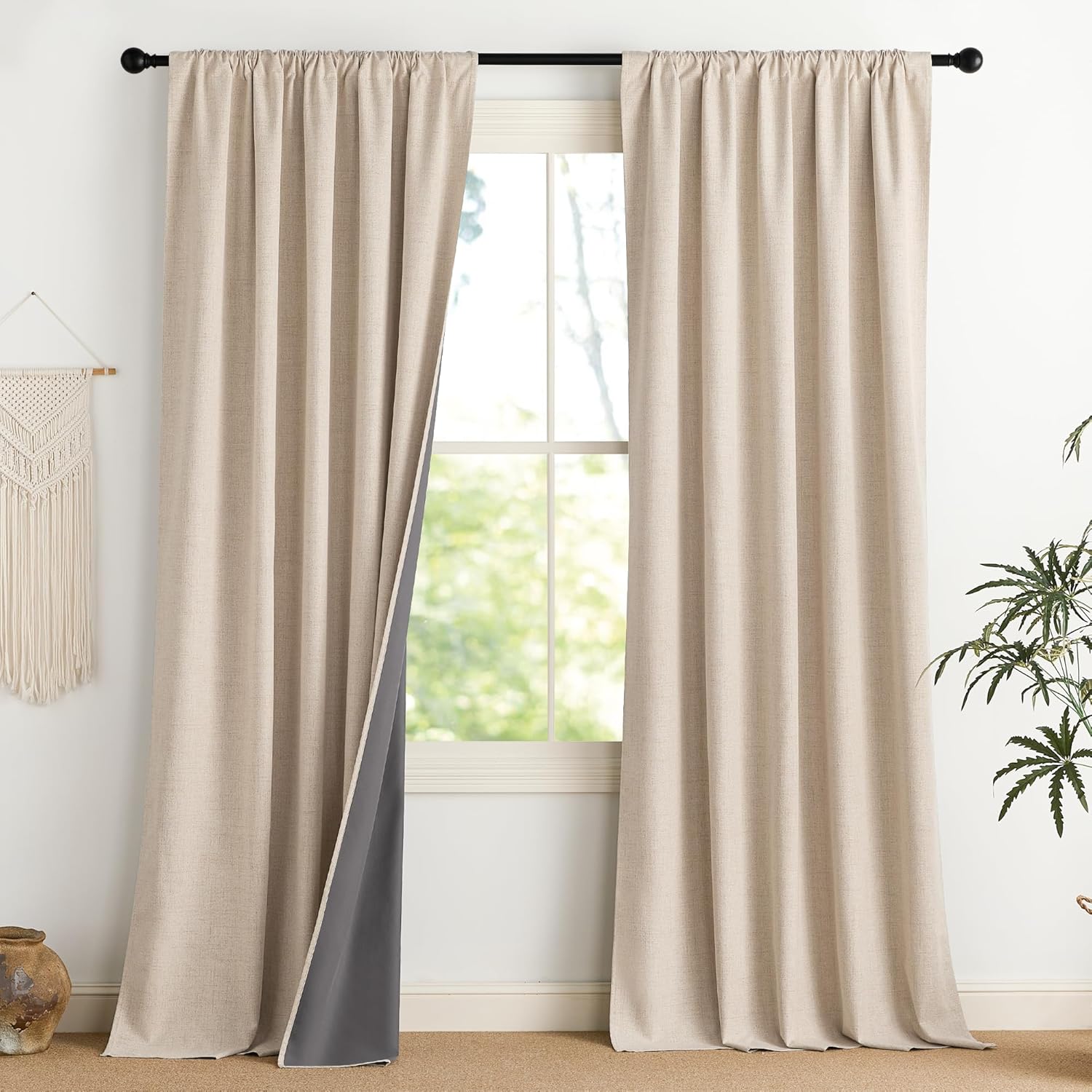 NICETOWN Cream Linen 100% Blackout Curtains, 2 Panels Set, 52 x 90 Inches, Rod Pocket Style, Thermal Insulated Room Darkening Drapes for Bedroom, Living Room, Nursery, Modern Farmhouse Decor