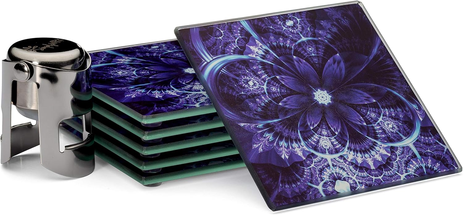 Flаѕh Dеаlѕ - 70% оƒƒ Coaster Set 6 Square Glass Coasters Purple Flower Design, Large Size 4x4, Suit Indoor Outdoor Kitchen Dining Bar, Non-Slip Silicon Feet Protects Furniture, Ideal for Wine Glass, Tea or Coffee Cups
