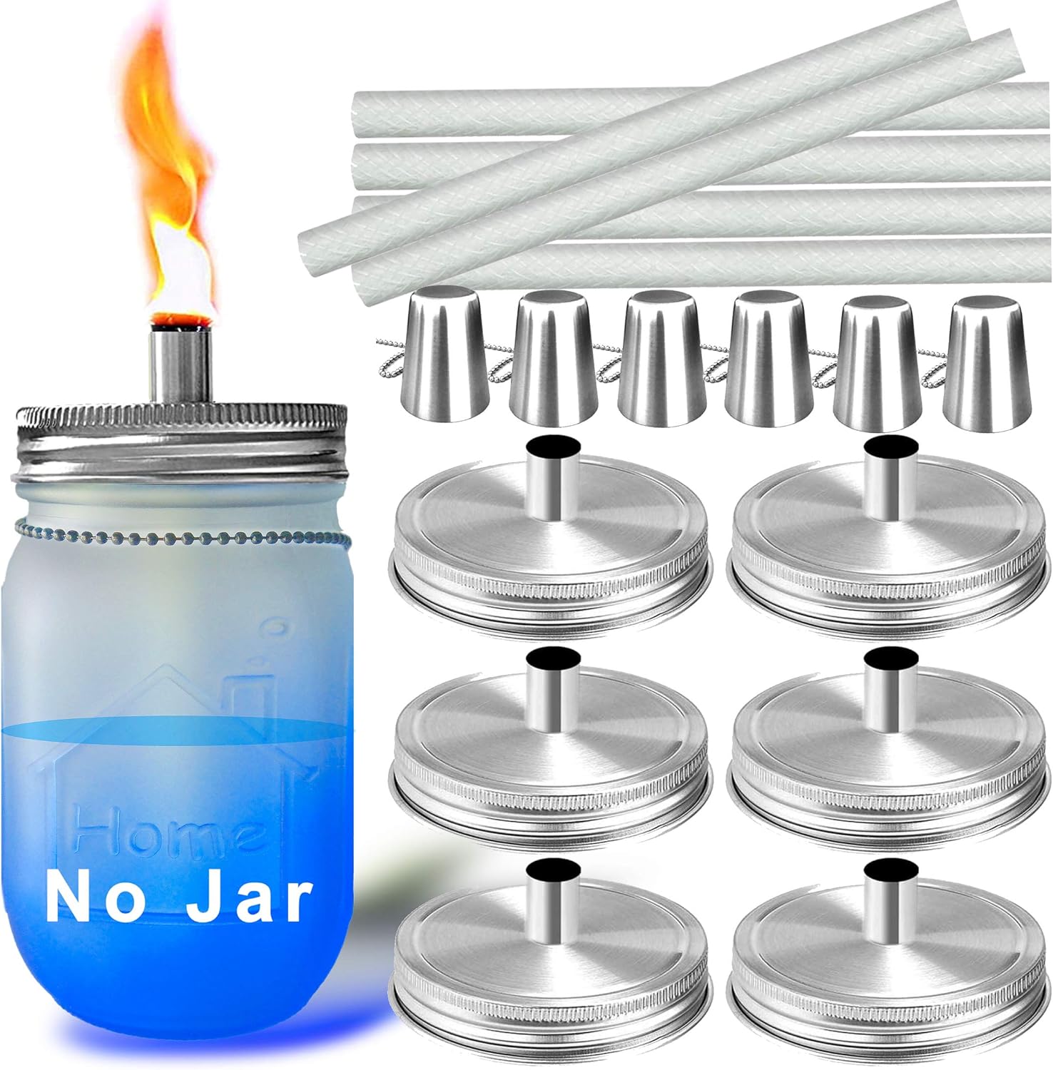 Mason Jar Tabletop Torch Kits,6 Pack Regular Mouth Lids with Protective Tube,Long Life Fiberglass Wicks and Caps,Outdoor Oil Lamp Lights for Home Patio Garden Halloween Christmas Projector Decor