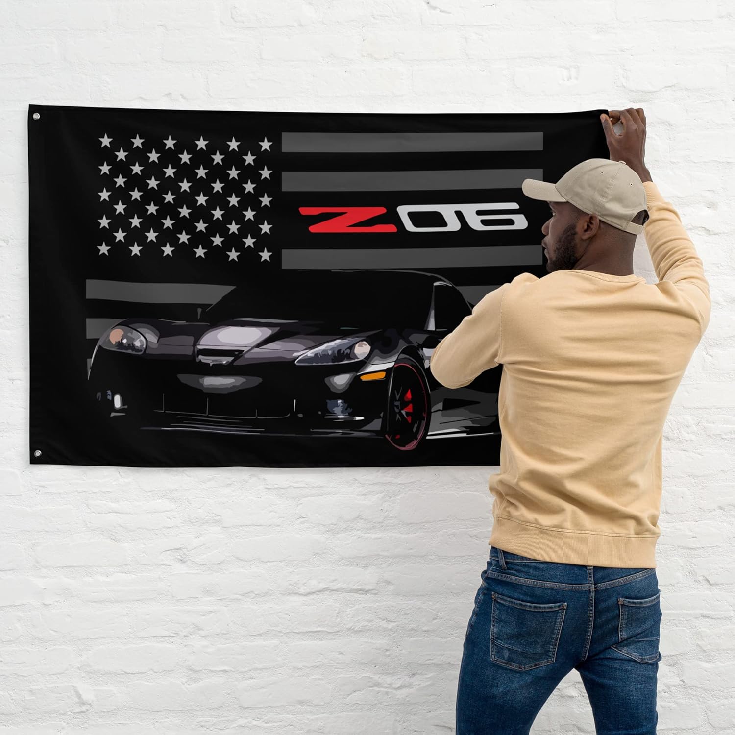 Black Sports Car C6 Z06 Vette Driver Car Club Custom Garage Office Man Cave Banner Flag 34.5" x 56"