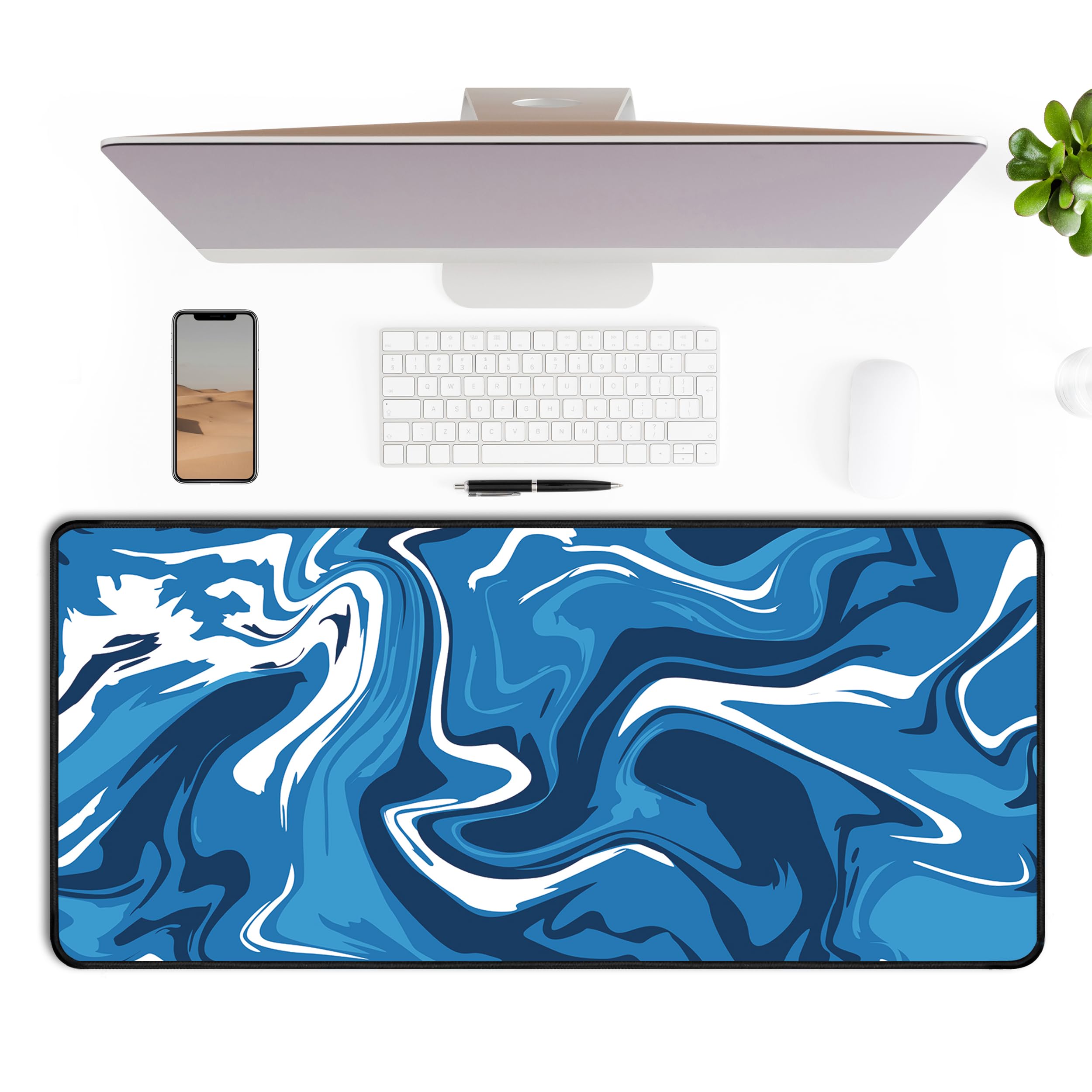 Extended Large Non-Slip Gaming Mouse Pad, 31.5x11.8 XL Size Keyboard Mousepad - Spill Proof Smooth Surface Desk Mat for Work, Home, Office (Blue and White)