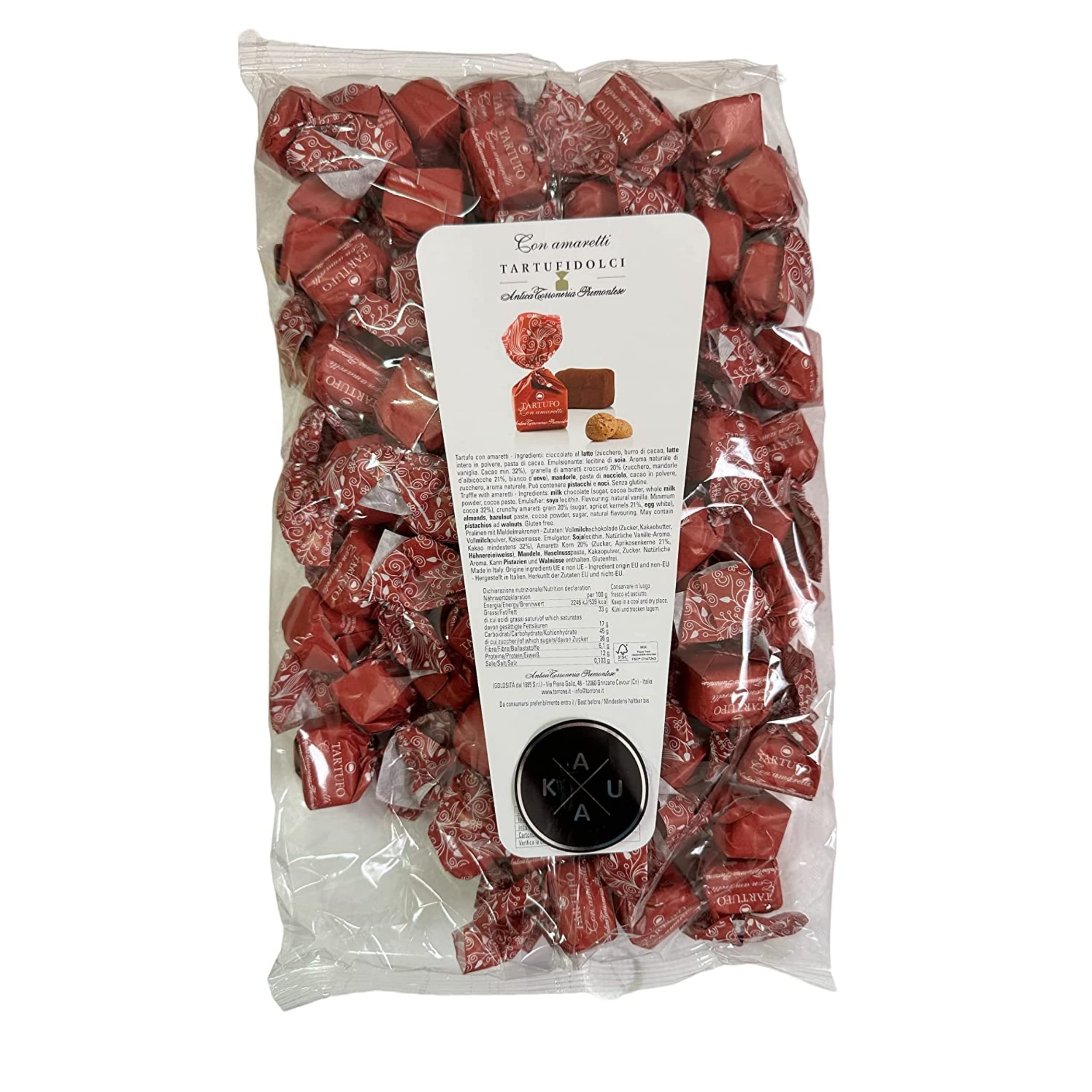Antica Torroneria Piemontese Tartufi Dolci con Amaretti: Exquisite Trüffelpralinen mit Amarettini-Keksstückchen, Italienische Schokoladentrüffel, 1KG Beutel mit 14g je Praline. KAUKAU Edition.