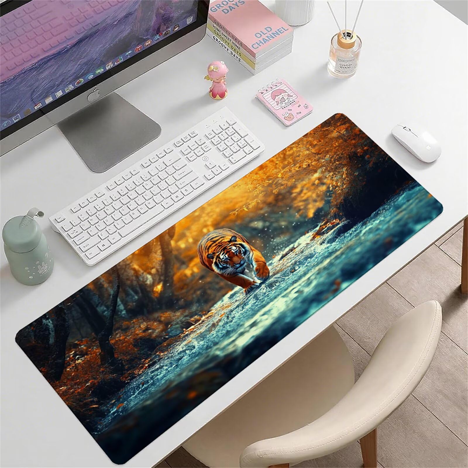 Żółta podkładka pod mysz XXL 1600 x 800 x 3 mm tygrys podkładka pod rękę biurko akcesoria antypoślizgowa gumowa podstawa i szyte krawędzie podkładka pod mysz dla graczy do dekoracji biura