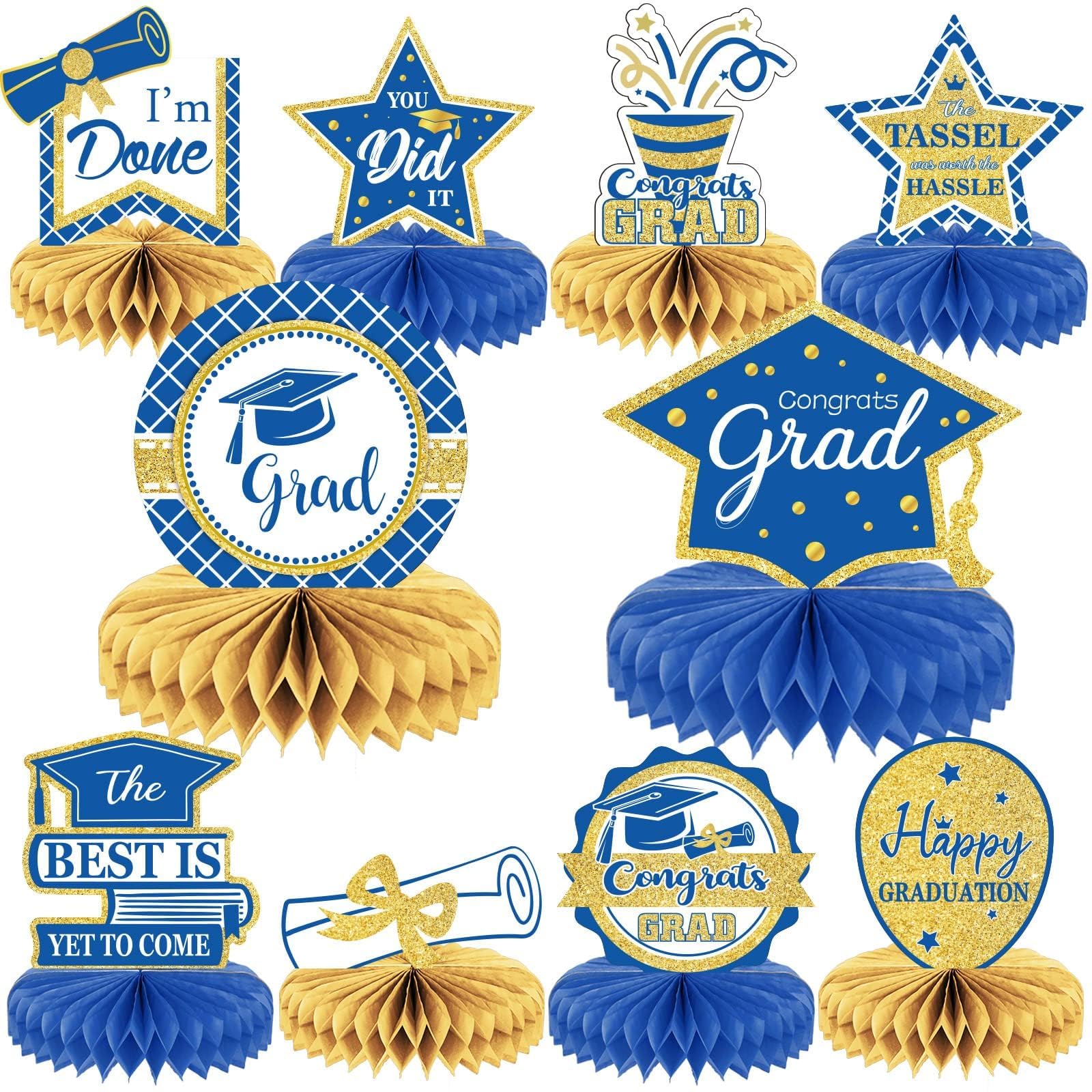 Photo 1 of 10PCS Class of 2026 Graduation Party Decorations 2026 Congrats Grad Honeycomb Centerpieces Congratulate Graduation Table Toppers for Graduation Party Favor Supplies(Blue Gold)