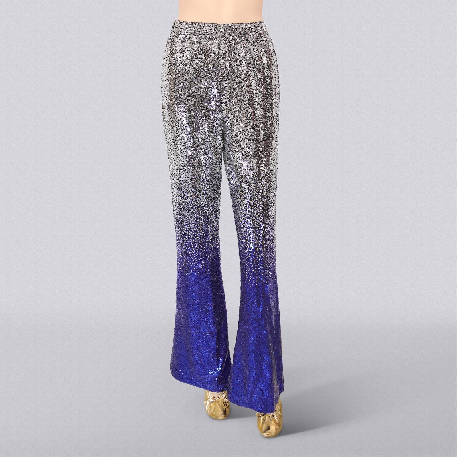 Pantaloni da donna con paillettes, a vita alta, a campana, per discoteca, discoteca, discoteca, con brillantini, a vita alta, a gamba larga, con paillettes, 70 anni '80