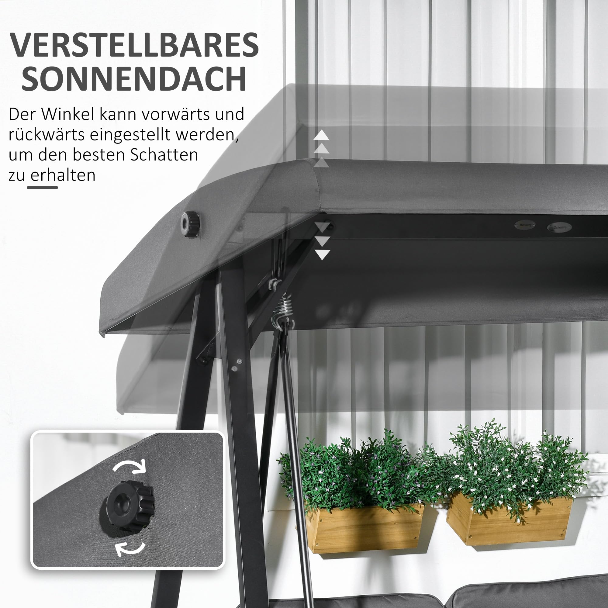 Outsunny Hollywoodschaukel 2-Sitzer 220kg 145 x 116 x 172 cm Dunkelgrau | Gartenschaukel, Verstellbarem Sonnendach, Schaukelbank, Gartenliege für Garten, Terrasse