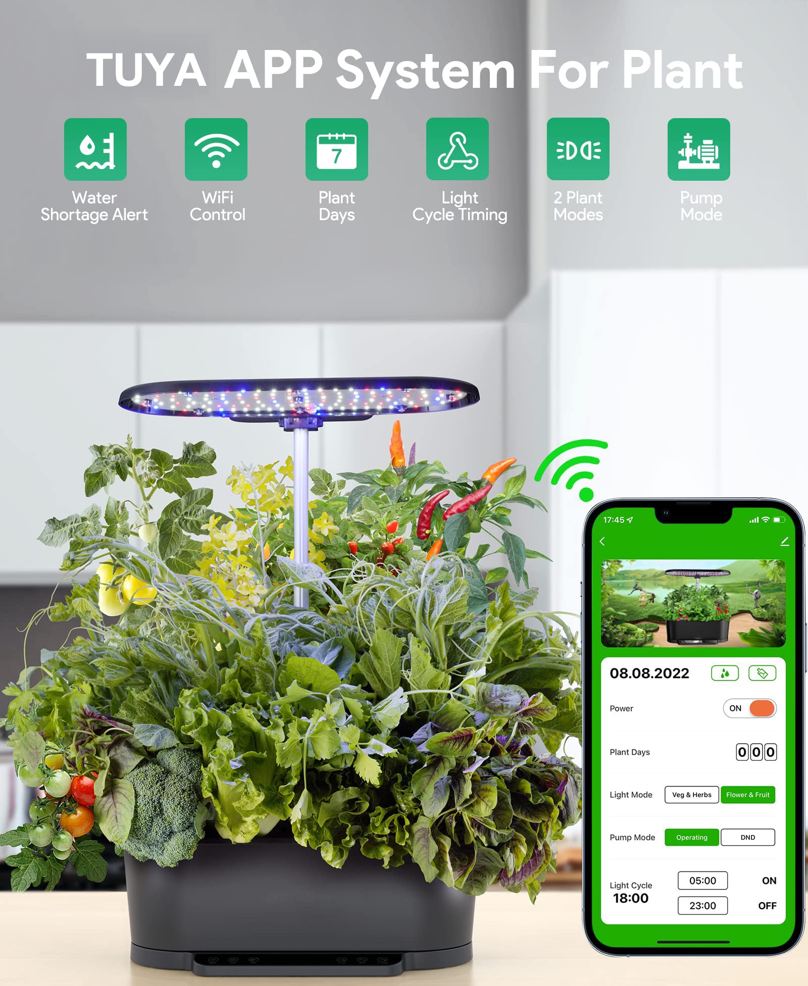 Sistema de cultivo hidropónico, WiFi 15 cápsulas de jardín interior con tanque de agua de 5,5 l, kits de germinación de altura ajustable de 76 cm, jardinera de jardín controlada por aplicación con luz