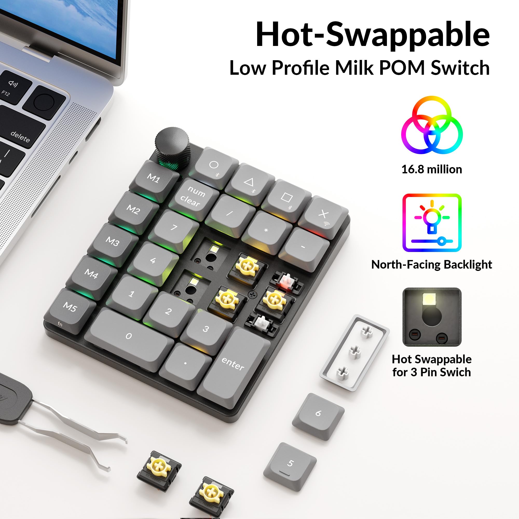 Keychron K0 Max Kabelloser Numpad, Low-Profile, programmierbar mit QMK/Launcher, 2,4 GHz & Bluetooth 5.3, 1000 Hz Abtastrate, mit Drehknopf, Hot-Swap-fähig, RGB, für Windows/Mac, Bananenschalter