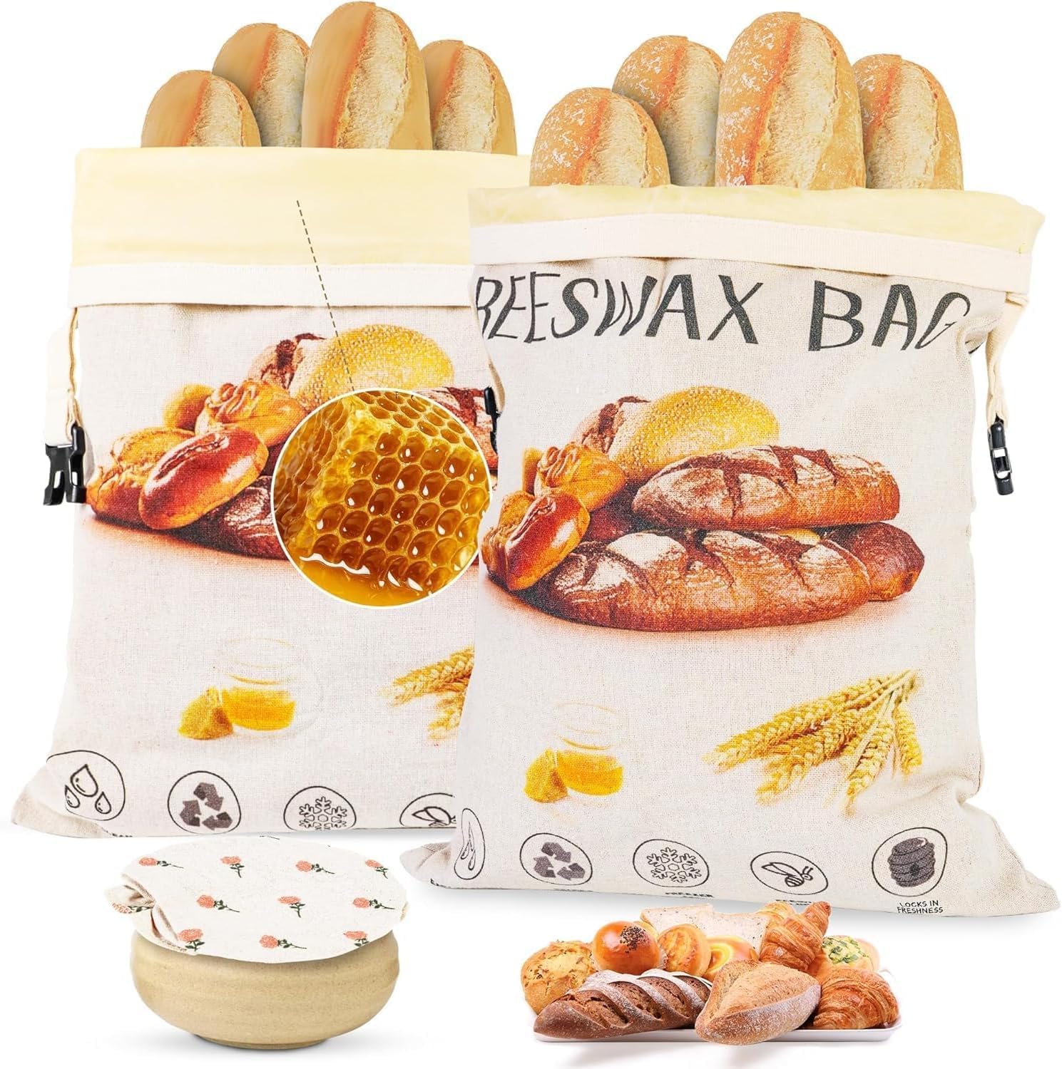 2026 New Upgrade 2-Pack Reusable Beeswax Bread Bags for Homemade Bread Sourdough, 17"×13"Natural XL Beeswax 100% Linen Moisture-proof Lined Storage Bags with Buckle& 1 Bowl Covers,Keeps Fresh Longer