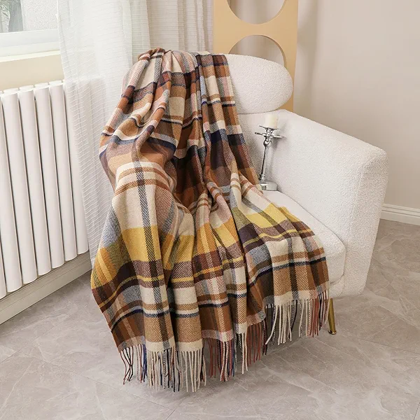 Pure Wool Plaid Throw Blanket - Warm Throw for Couch, Travel Outdoor Camping Blankets, Portable Lightweight Travel Blanket Airplane Compact with Bag/Chocolate Brown