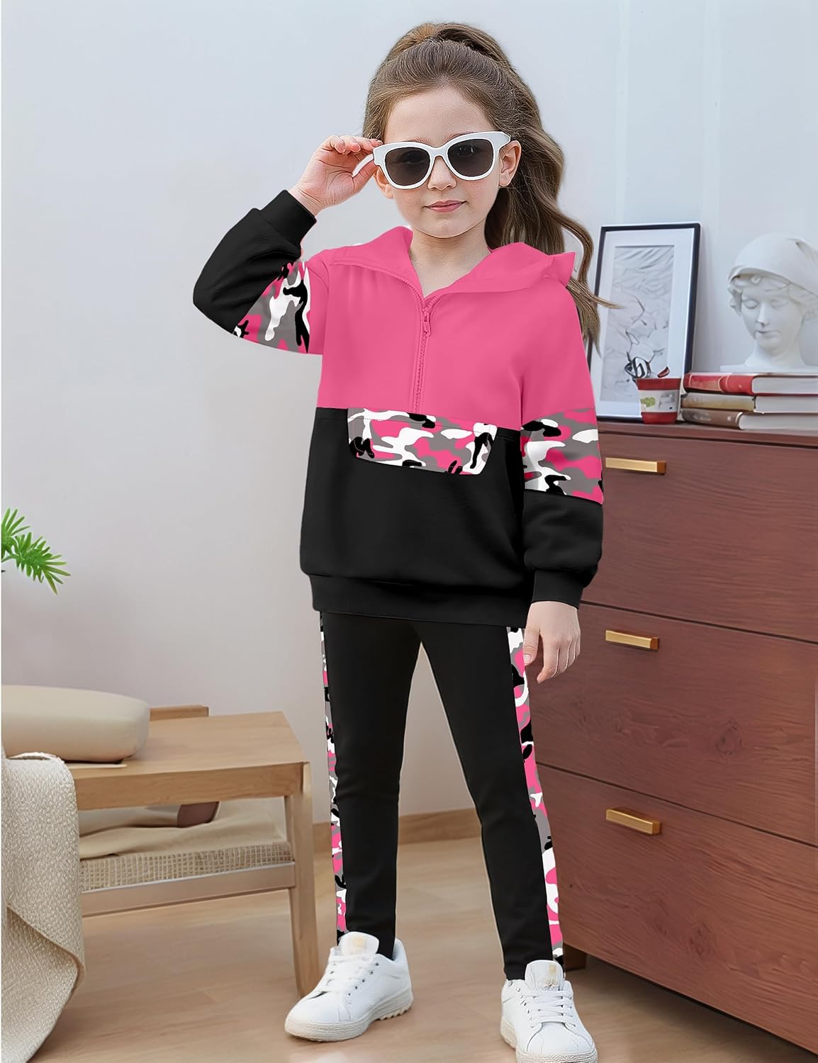 Toddler Girl Clothes Camo 2 Piece Little Girls Clothes Half Zip Up Hoodies Color Block Outfits Sweatshirt Pant Sets - Image 3