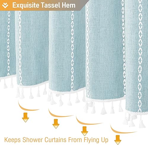 Vista 6 de BTTN Boho Farmhouse Shower Curtain, Linen Rustic Weighted Striped Fabric Shower Curtain with Tassel, Water Repellent, Modern Bohemian Vintage Cloth