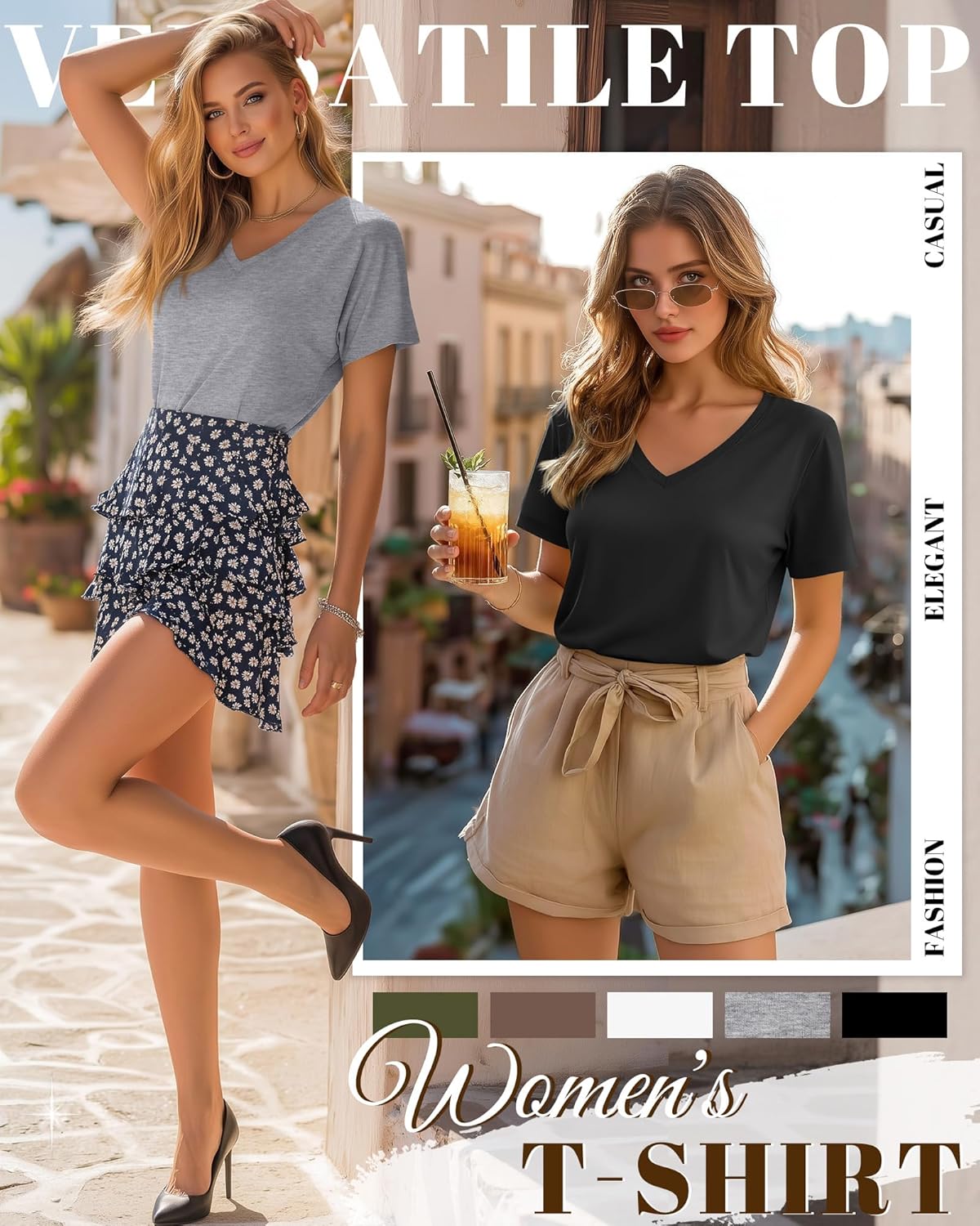 Huukeay Womens 5 Pack V Neck Basic Tees Comfortable Casual Short Sleeve T Shirts Solid Color Tops for Summer Flat Hem - Image 4