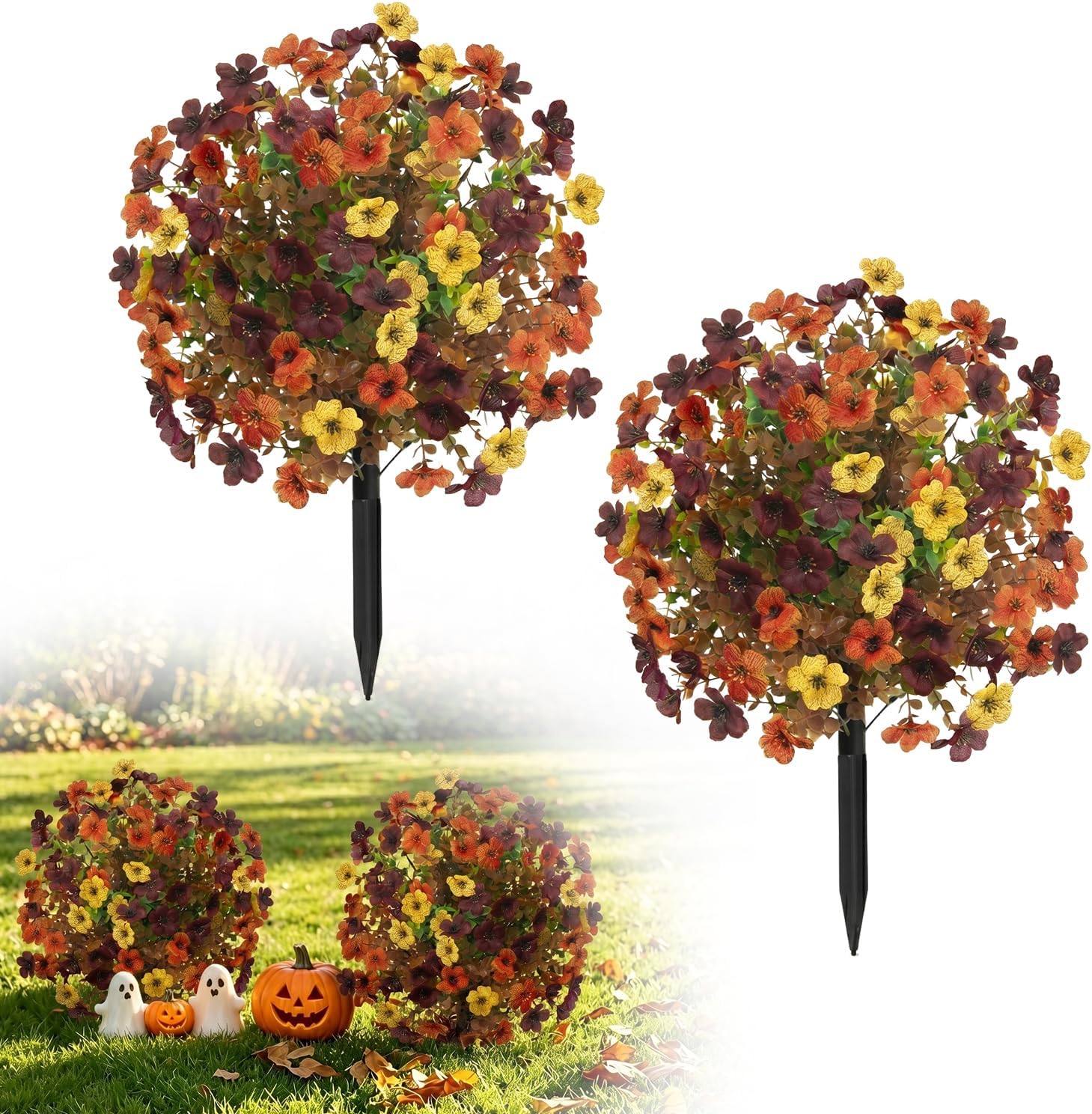 2 Pack Fall Artificial Topiary Ball Trees with Ground Spike, UV Resistant Fake Bushes Shrubs Violet with Flower,Outdoors Faux Plants for Garden Porch Autumn Thanksgiving Decor (Red, Orange,Yellow)