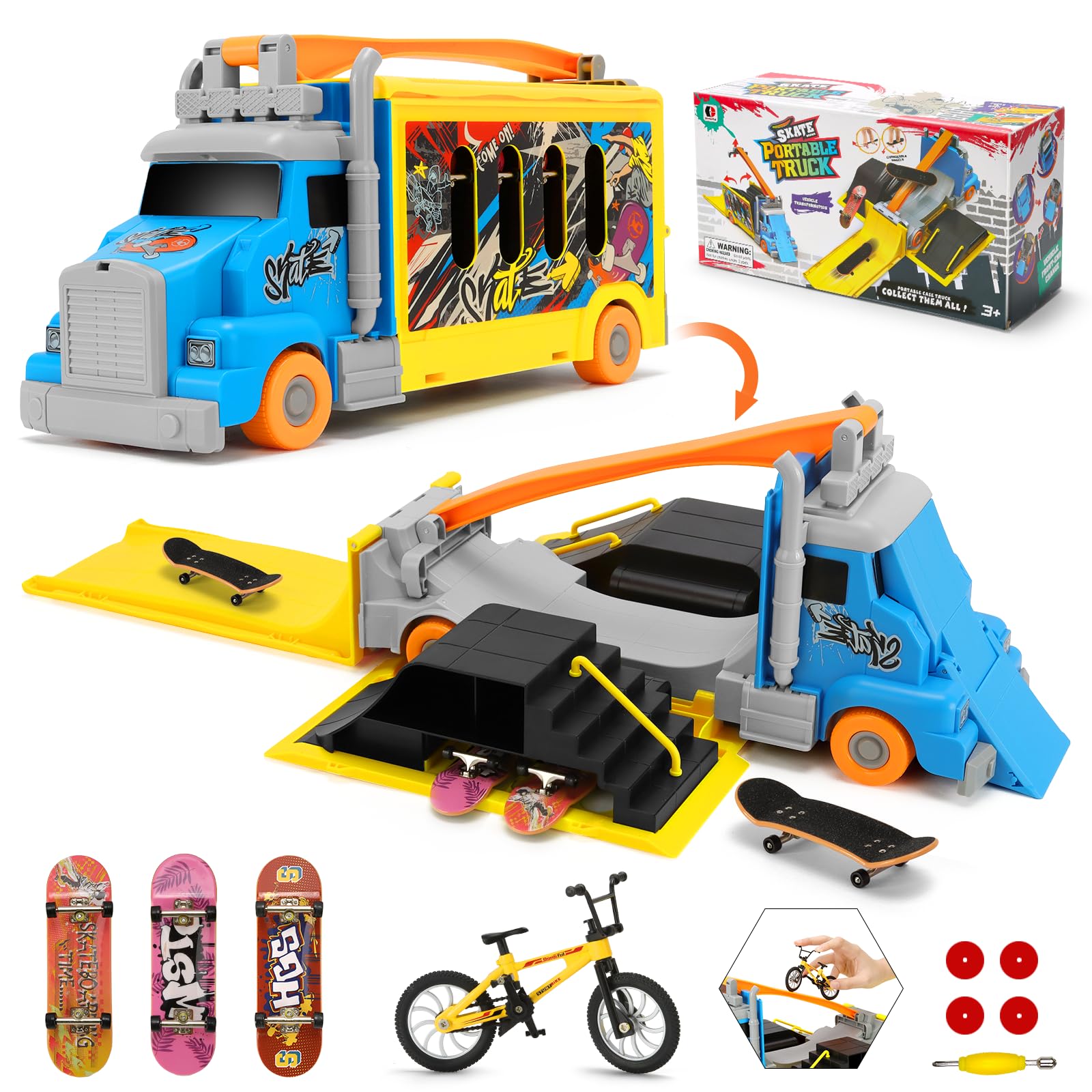 Finger Skateboard Ramps Sets, Tlater 2 in 1 Finger Boards Skateboards Toys with Skateboard Ramps, 3 Fingerboards,1 Mini Finger Bike & Storage, DIY Creative Transformer Toy Gifts for Boys Girls Ages 3+