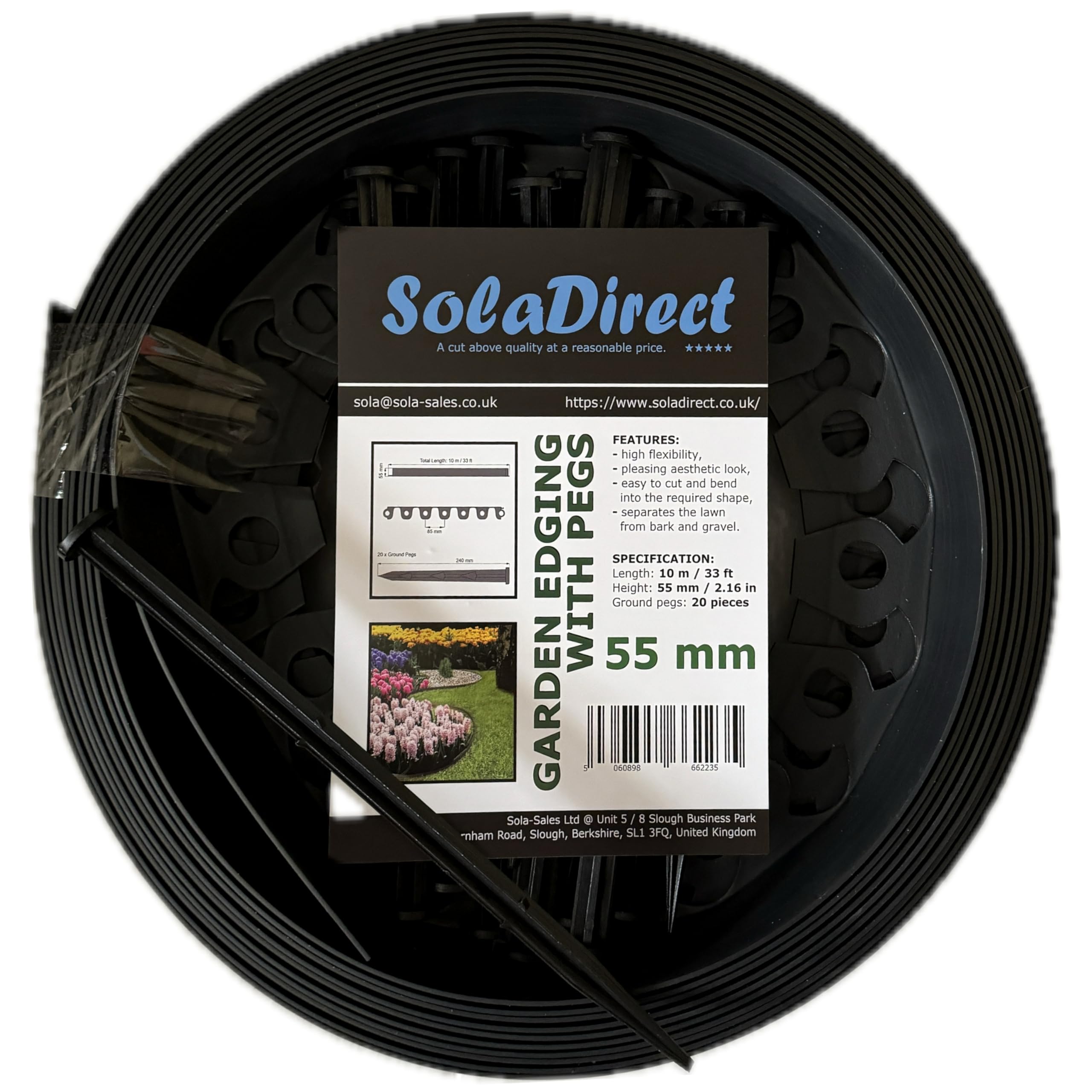 Grey Lawn Edging Border - 10 m / 33 ft Long Flexible Plastic Garden Edging & 20 Securing Pegs - Easy to Cut and Shape - Perfect for Flower Beds, Lawn, Pavement (55 mm High)