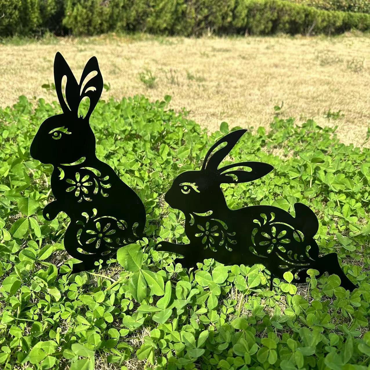 QBMYCN Rabbit Metal Garden Stakes Decorative,2 Pack Black Rabbit Silhouette Statues,for Yard Garden