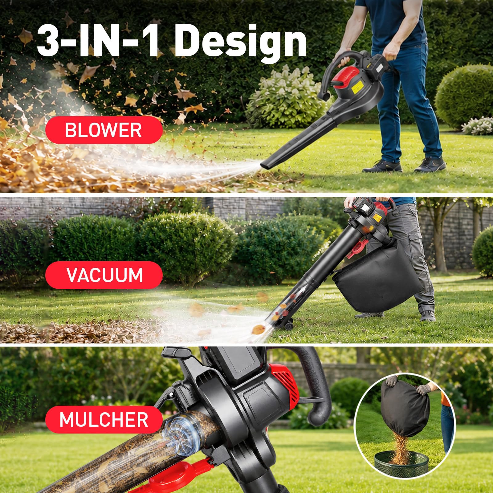 3800W Aspirateur Souffleur Broyeur Feuilles sans Fil 20000mAh