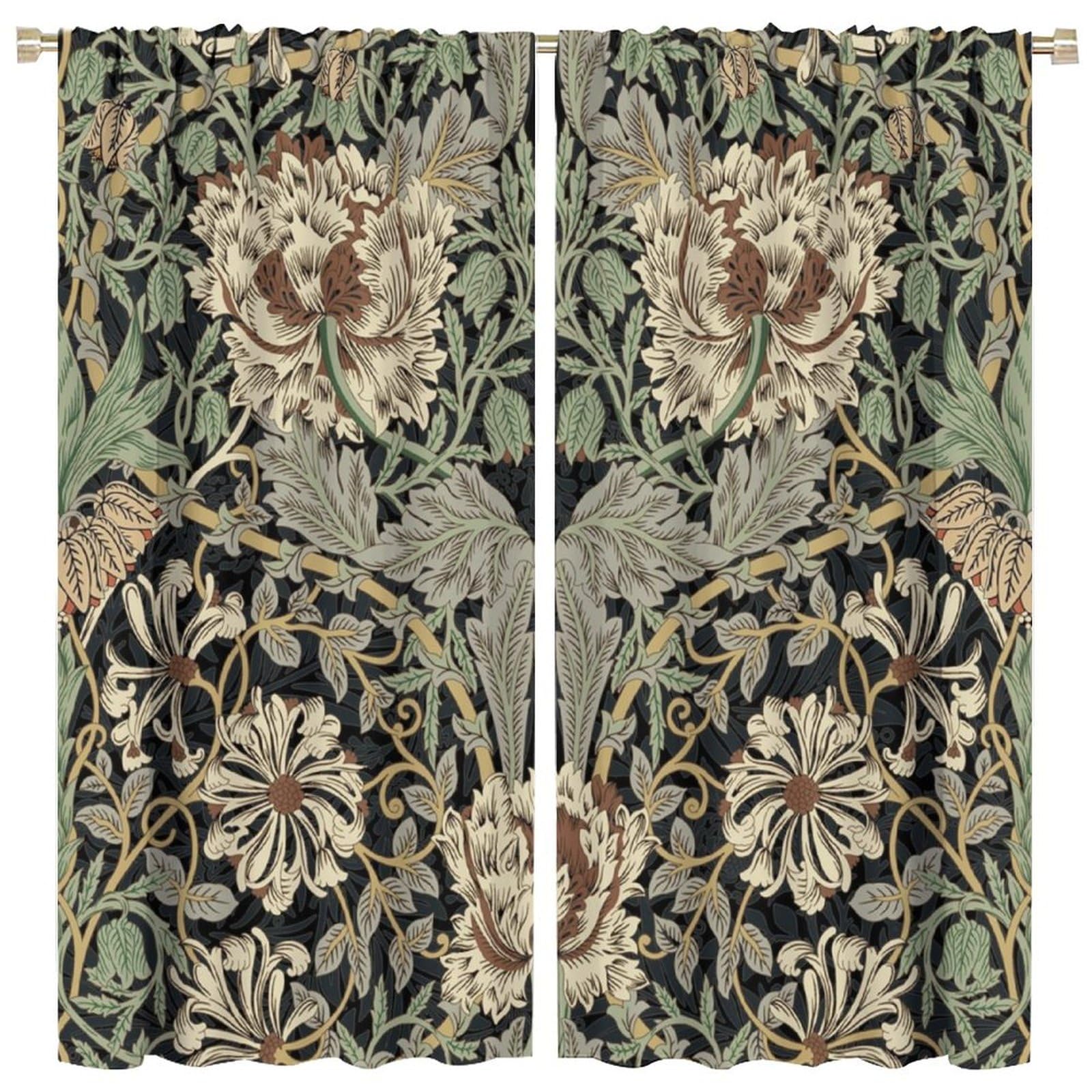 Coalho Vintage William Morris Florals Curtain Rustic Mid Century Boho Farm Daisy Green Leaves Window Treatments Thermal Insulated Rod Pocket Blackout Curtains For Bedroom-2 Panels 84" L X 42" W