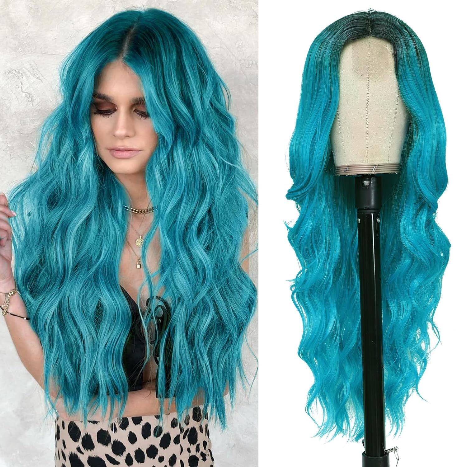 PORSMEER Long Ombre Bluish Light Blue Wavy Wig for Women 26 Inch Middle Part Lace Hairline Curly Wavy Wig Natural Looking Synthetic Heat Resistant Hair for Halloween Party or Daily Use