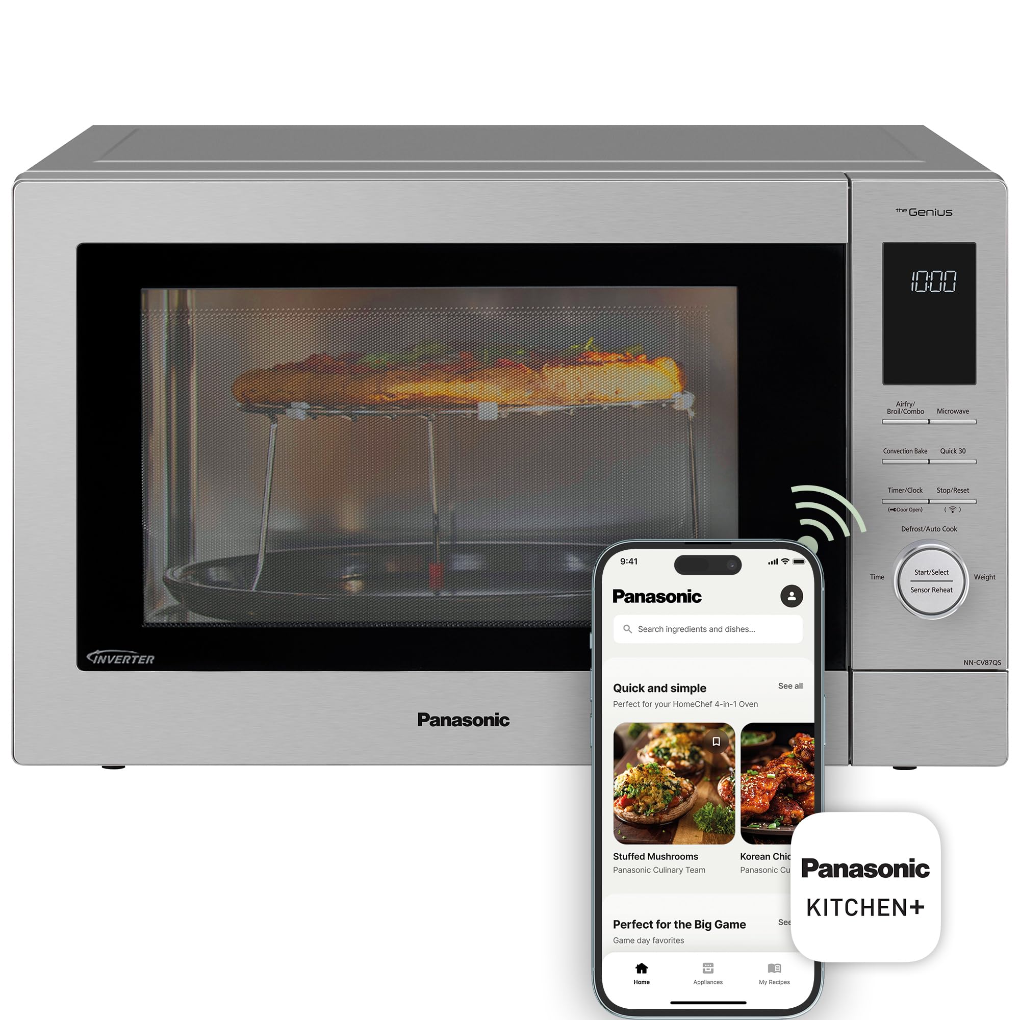 Panasonic HomeChef 4-in-1 Countertop Microwave Air Fryer Combo, Time-Saving 20 Presets + App-Linked Recipes, 1000W 1.2 cu ft Inverter Multi Oven & Convection Tech – NN-CV87QS Stainless Steel