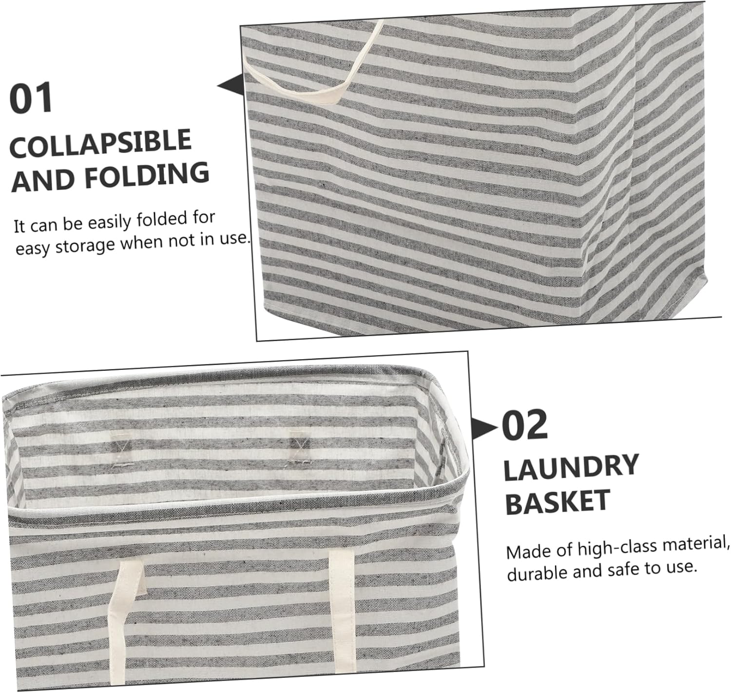 Foldable Clothes Storage Basket with Handles Wear Resistant Laundry Hamper for Bedroom and Bathroom Large Capacity Cotton Linen Grey Striped Container Space Saving and Portable