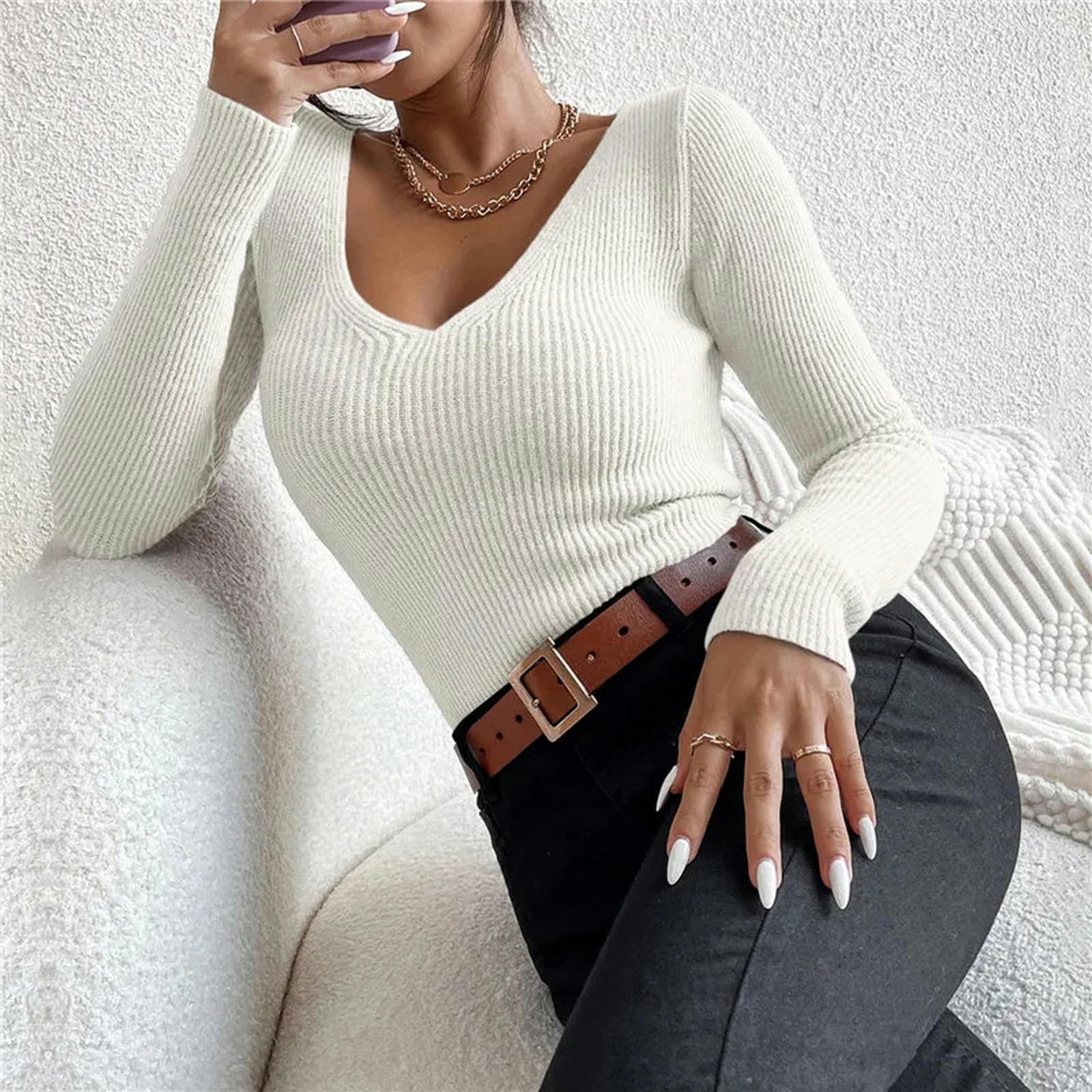 Maglione Donna Autunno Inverno Donne Solido Maglia V Collo Pull Maglione Femme Manica Lunga Pullover Jersey Tops