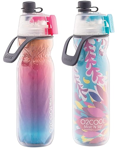 O2COOL Arctic Squeeze Insulated Mist 'N Sip Water Bottle | 2 Pack- 20 oz | BPA Free, 2-in-1 Mist and Sip Function w/No Leak Pull Top Spout (Ras Ombre/Tropical)