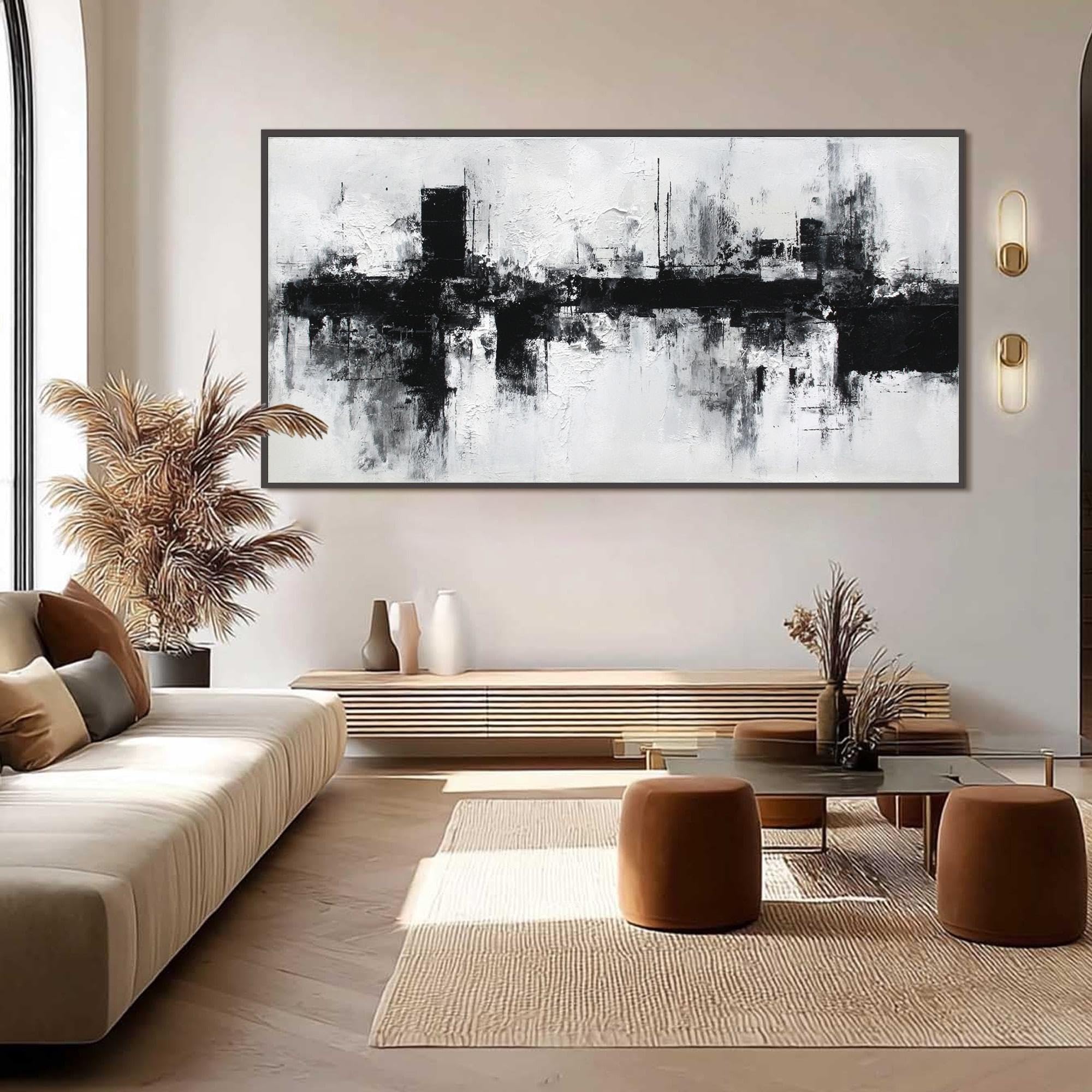 UUDEZO Strukturalny obraz olejny w kolorze czarno-białym, rama ścienna do dekoracji salonu (70 x 140 cm (28 x 55 cali)