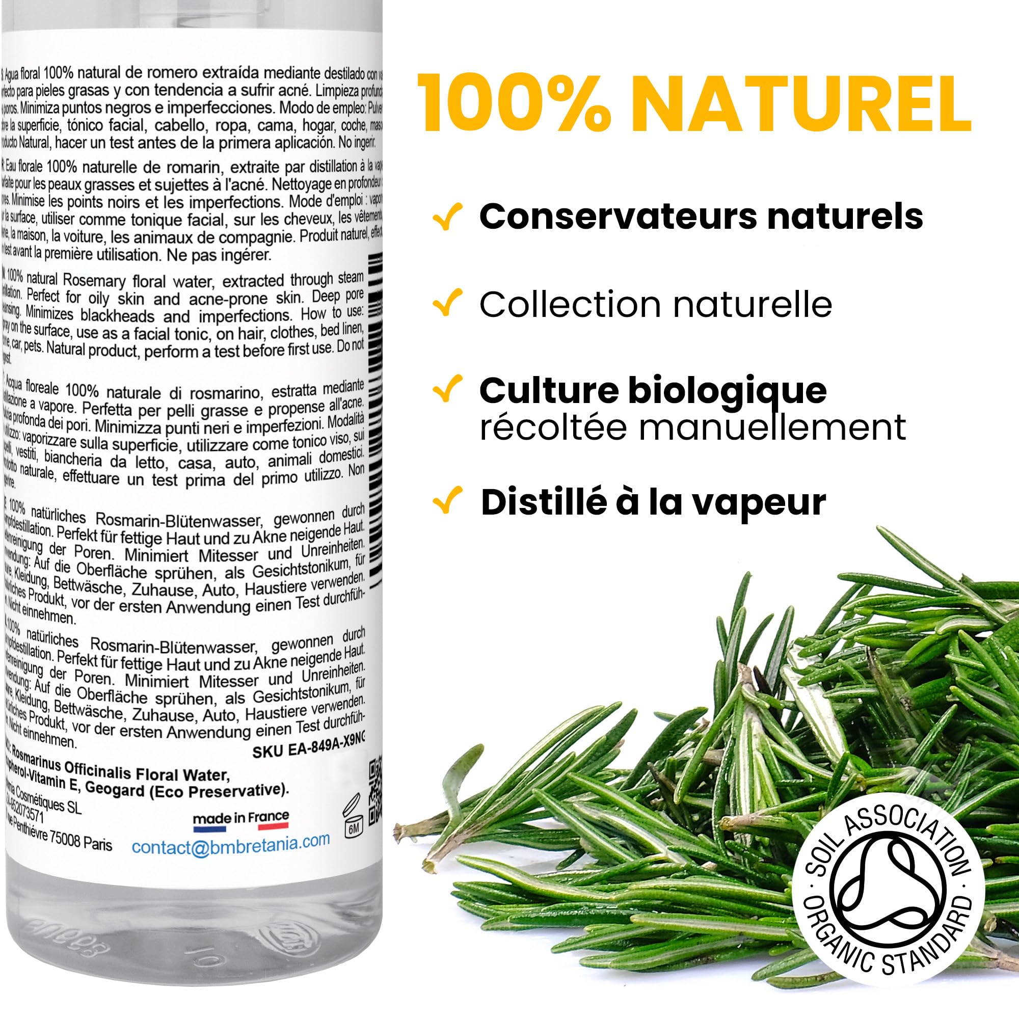 Hydrolat de Romarin, Équilibre Sébum, Stimule Croissance Cheveux, Antichute Capillaire, Spray Purifiant Visage, Anti Acne et Peau Grasse, 500 ml