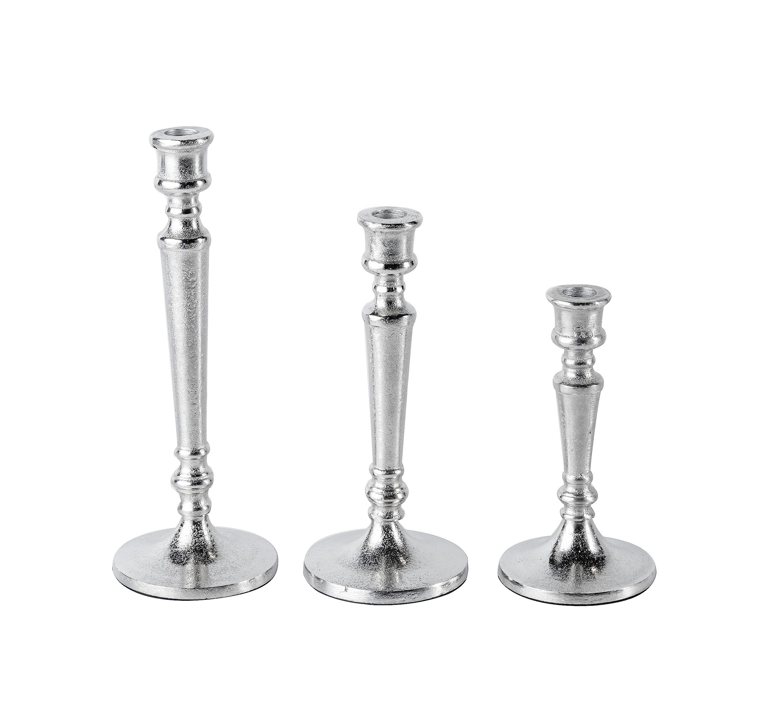 Lot De 3 Bougeoirs En Métal Argenté - Hauteurs 24, 26, 33 Cm - Design Moderne Pour Bougies Piliers - Décoration Table Mariage, Salon, Restaurant