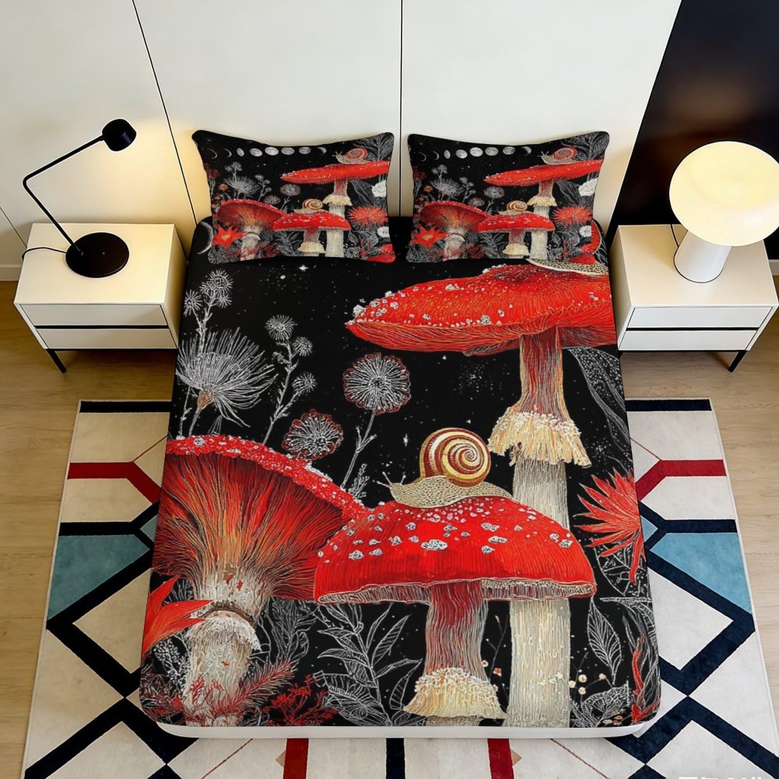 3D Printed Red Mushroom Fitted Sheet Microfiber Snail Forest Bed Cover for Bedroom Dorm Mattress Protection Decor 90x200x25cm