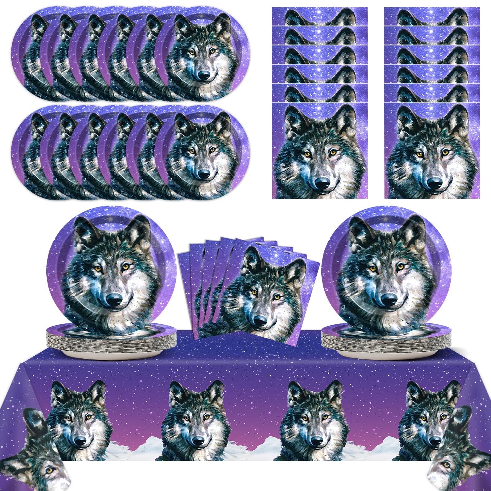 Qyeahkj Wolf Party Supplies Serves 24 Wolf Theme Party Paper Plates Napkins Wolf Tablecloth Set Tableware Kit for Kids Birthday Party Baby Shower