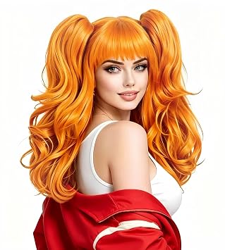Rugelyss Long Wavy Orange Pigtail Wigs for Women with 2 Claw Ponytails Orange Synthetic Hair wig with bang fits for Cosplay or Cotume Party